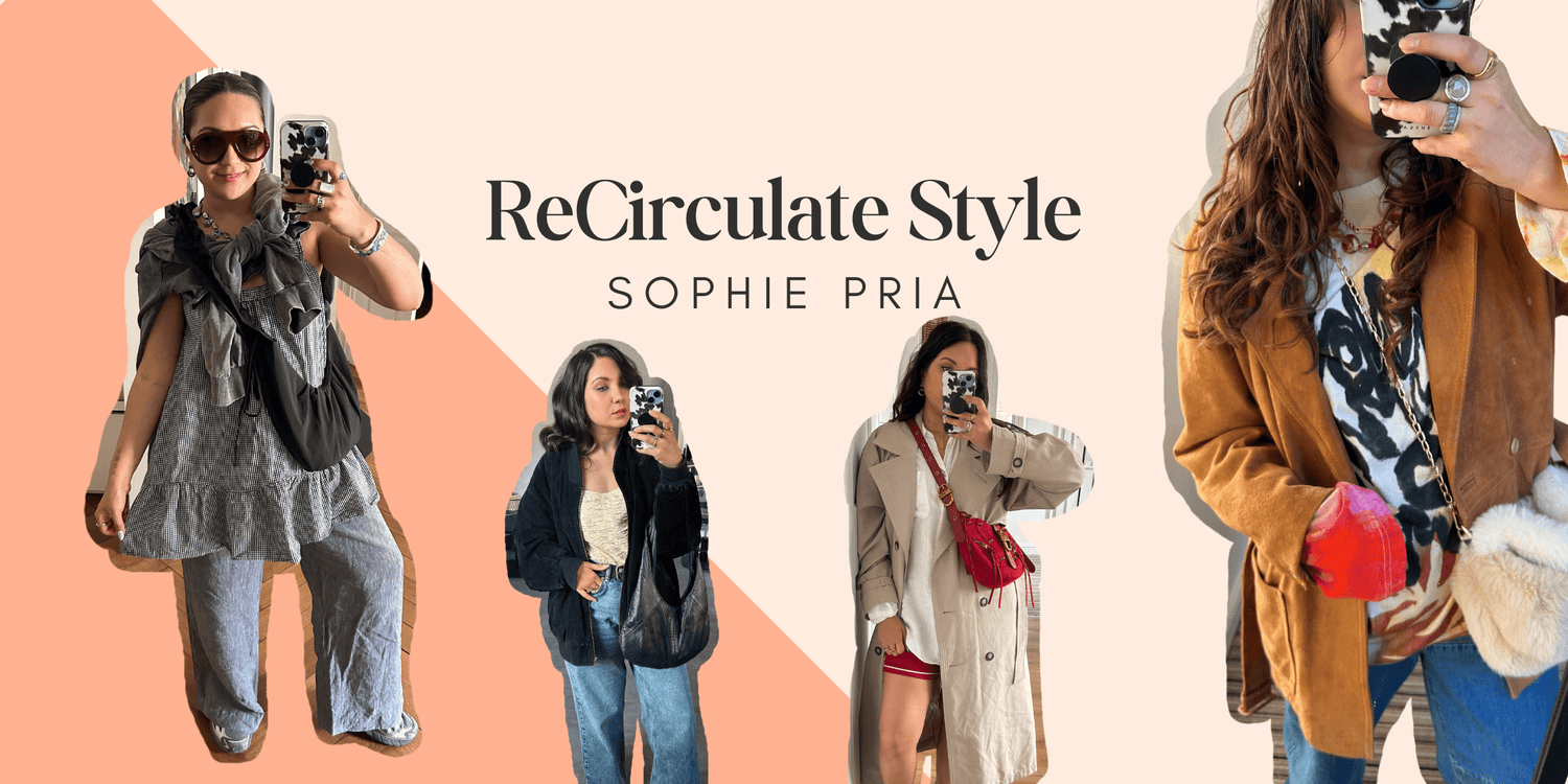 four images of a brown haired girl showing different colourful and unique second hand clothing styles