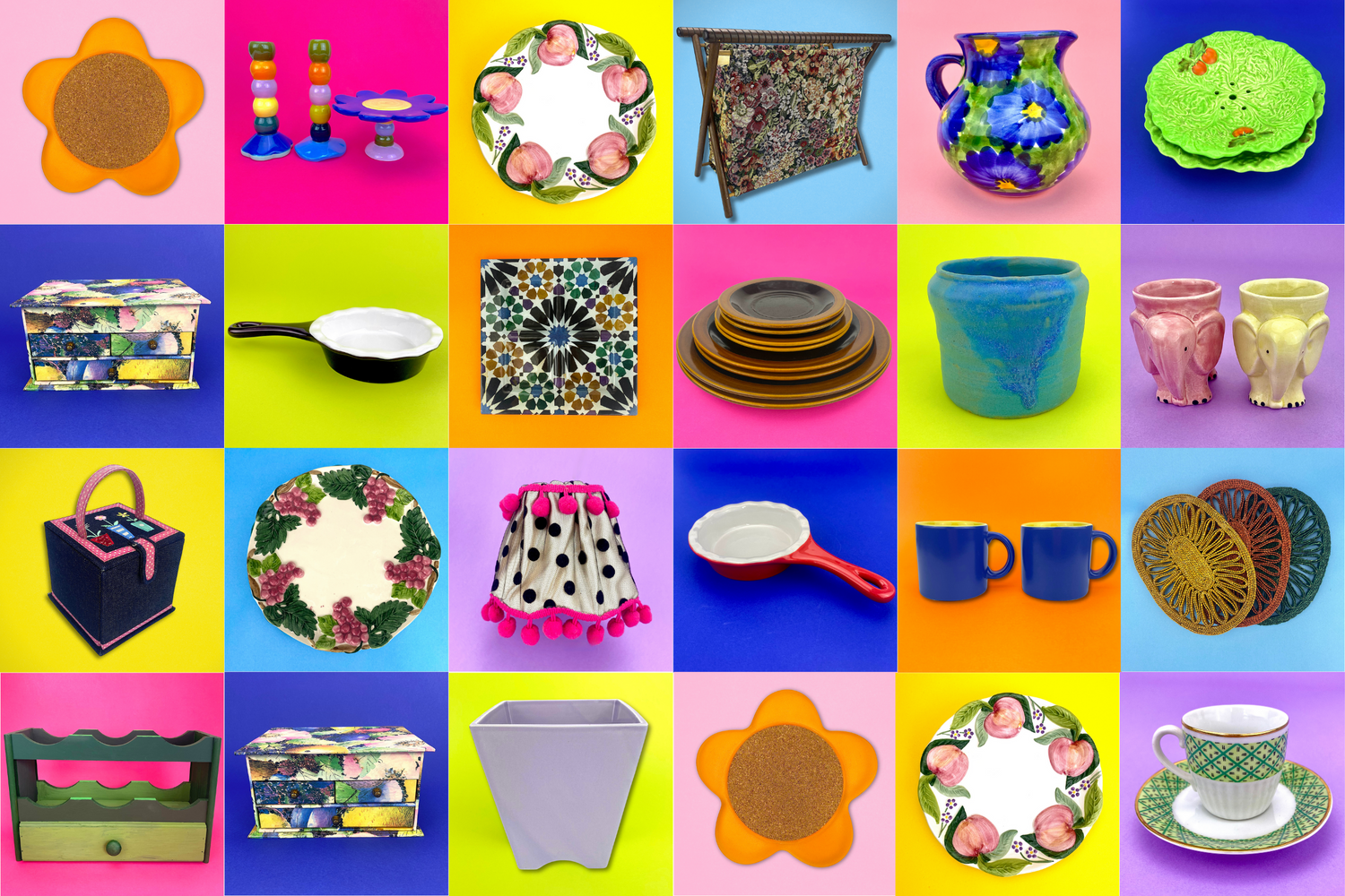 sunshine thrift colourful home collection banner with each main product image in a grid of 24 images