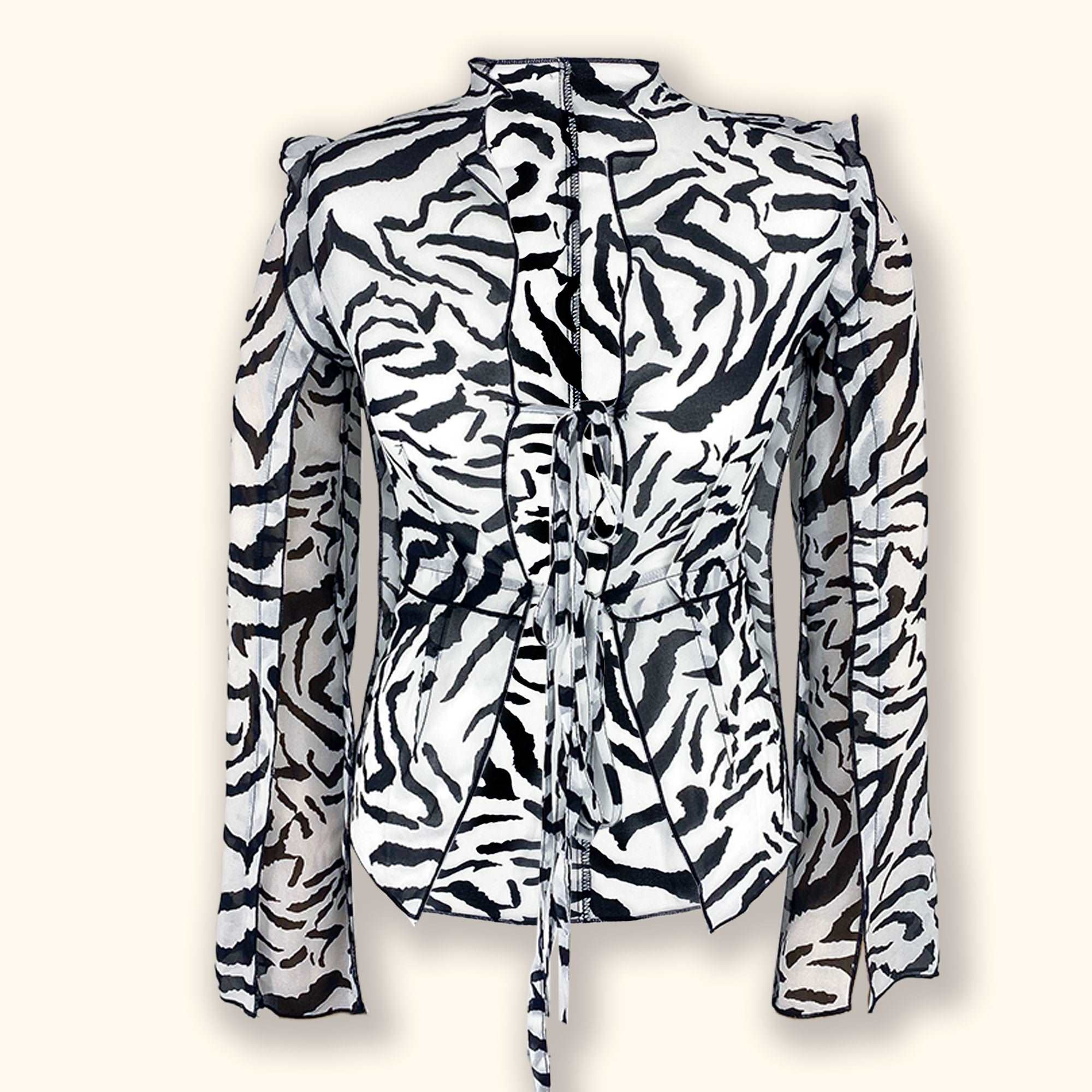 Black and White Sheer Tie Front Long Sleeve Top - Size Small - - Tops & Shirts