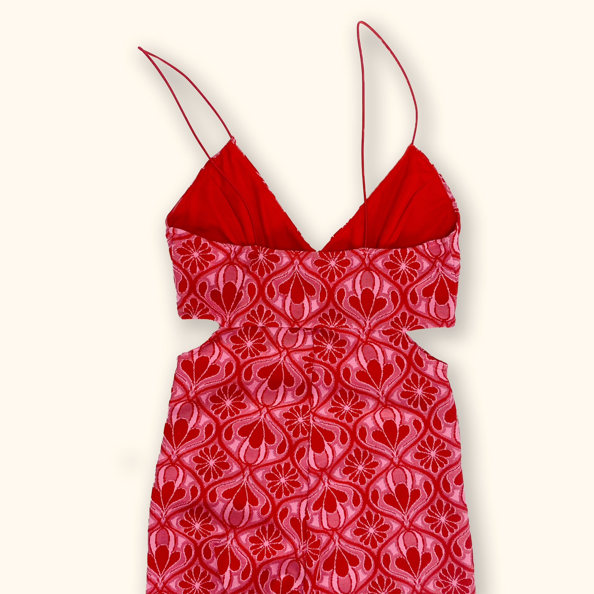 Zara Pink and Red Flower Cut Out Flared Jumpsuit - Size Small - - Jumpsuit