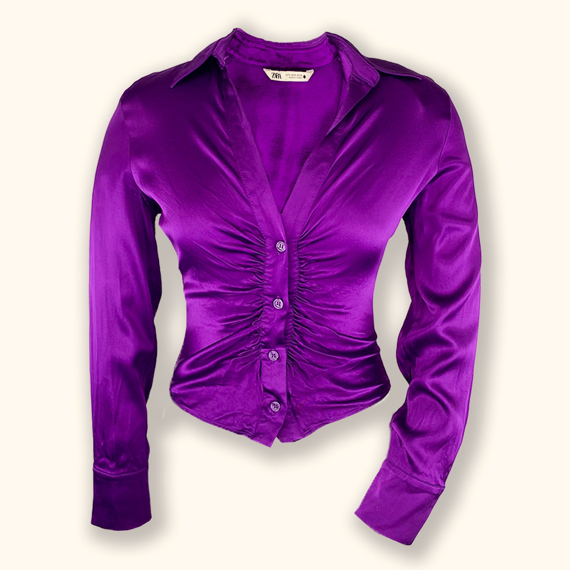 Zara Purple Satin Long Sleeve Shirt - Size Small -  - tops