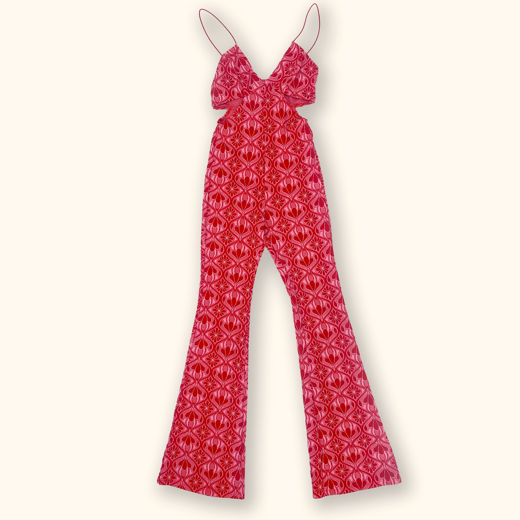 Zara Pink and Red Flower Cut Out Flared Jumpsuit Size Small