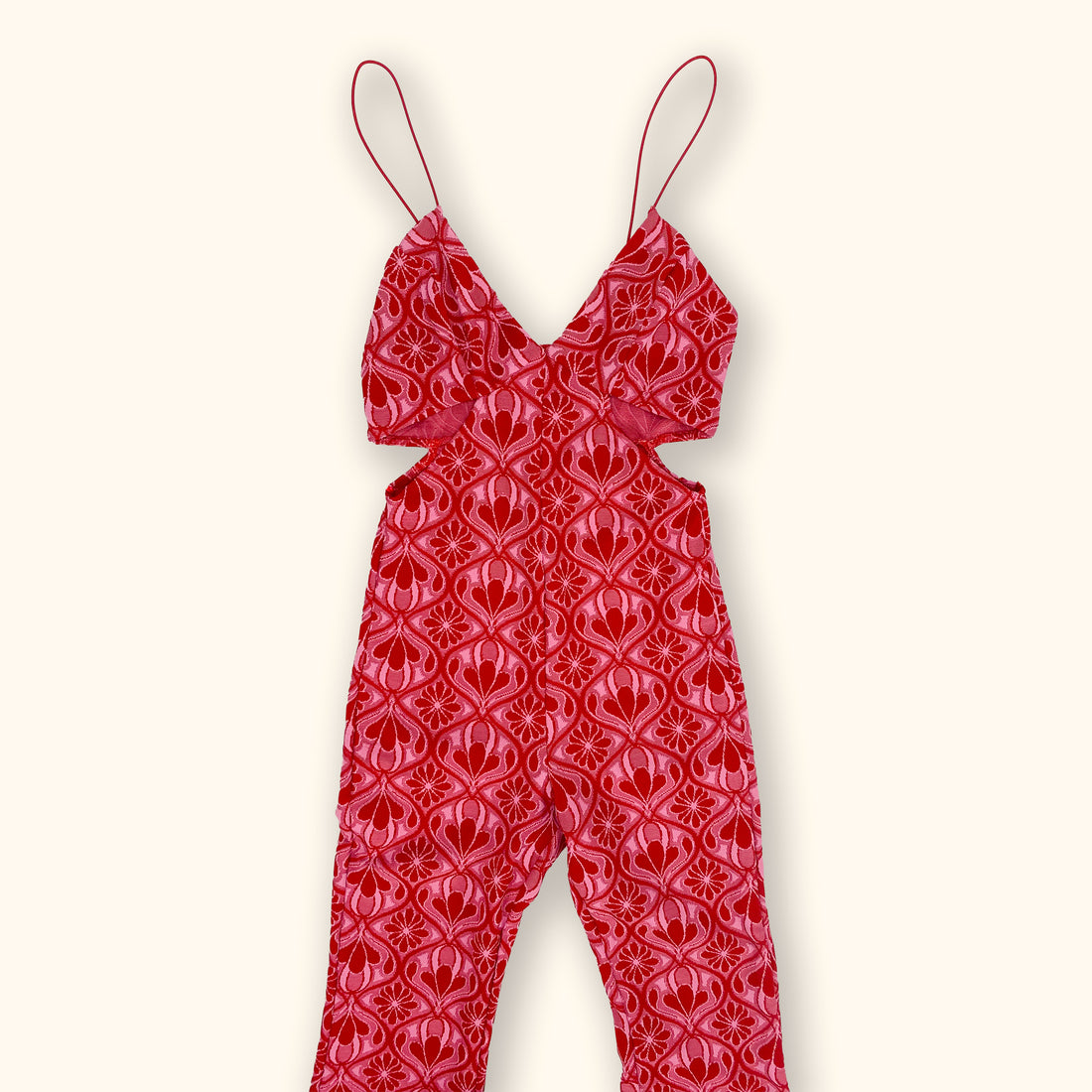 Zara Pink and Red Flower Cut Out Flared Jumpsuit - Size Small - - Jumpsuit