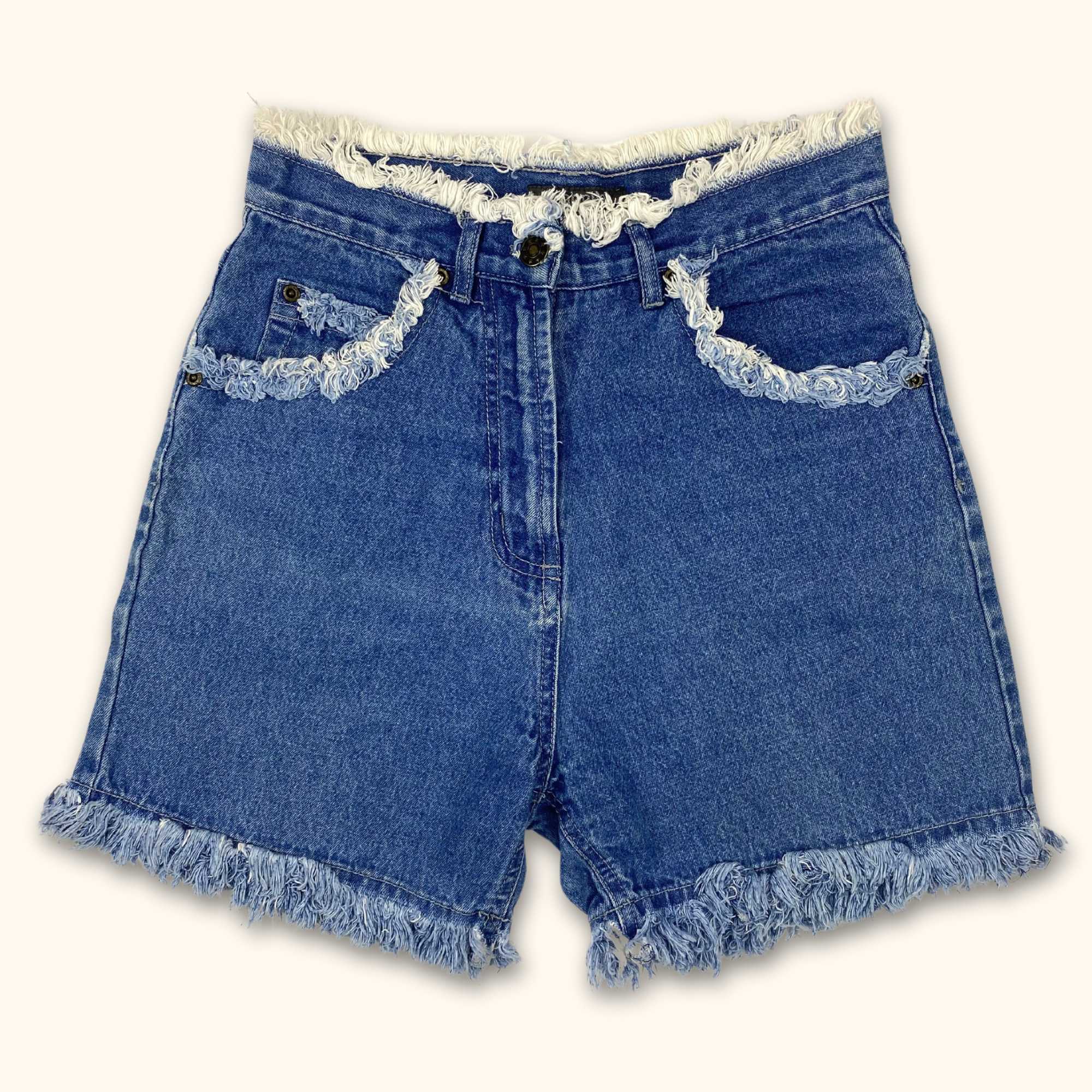 High Waisted Blue Denim Frayed Shorts - Size Small -  - Shorts