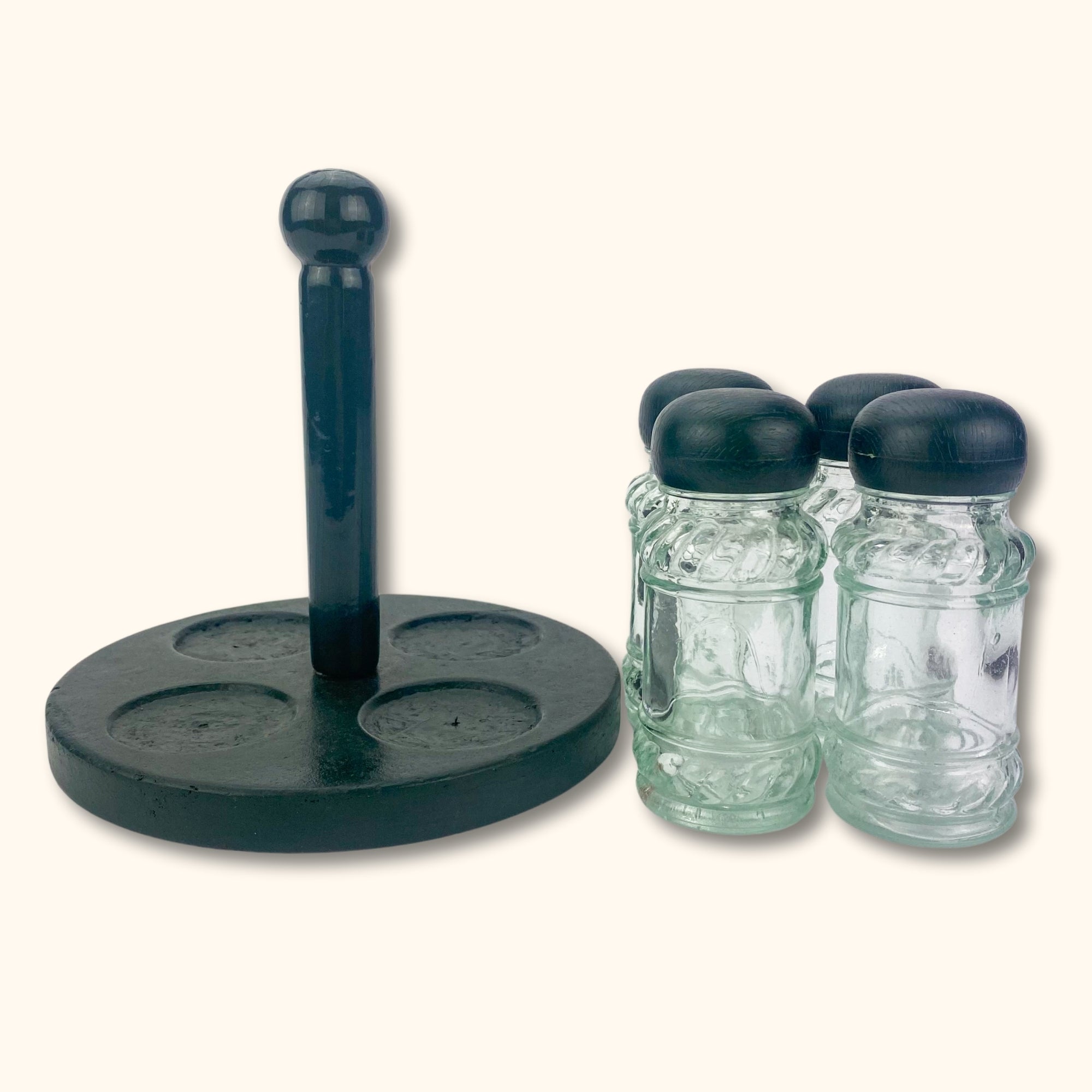 Dark Green Wood Circle Spice Rack Holder and Jars - - Kitchenware