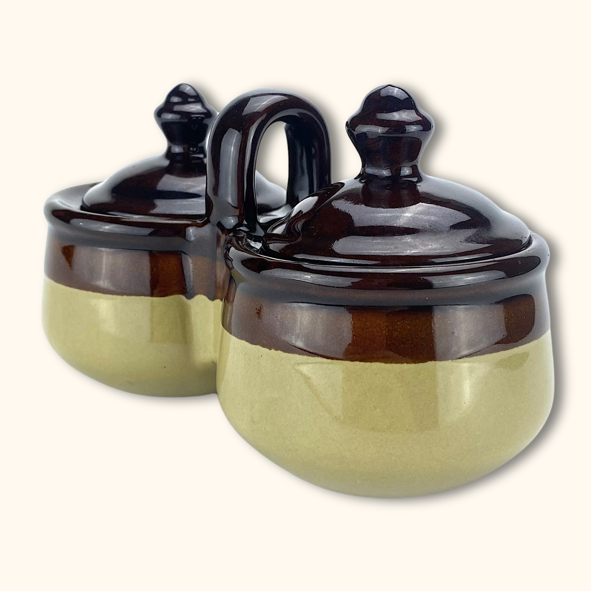 Vintage Stoneware Two-Tone Condiment Caddy with Lids -  - Kitchenware