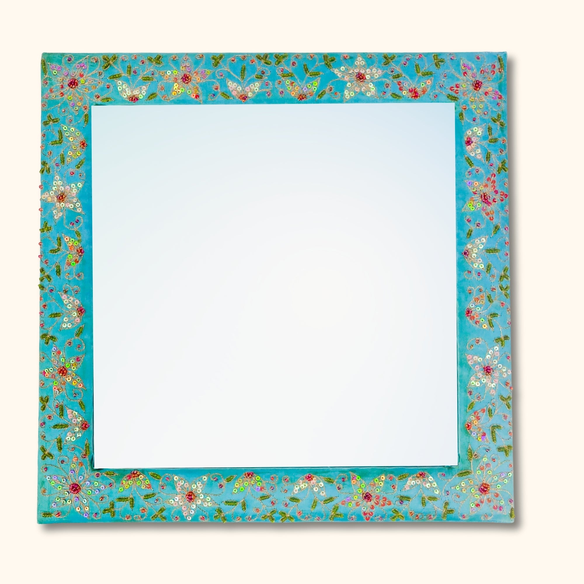 Teal Square Fabric Mirror with Beads - - Mirrors
