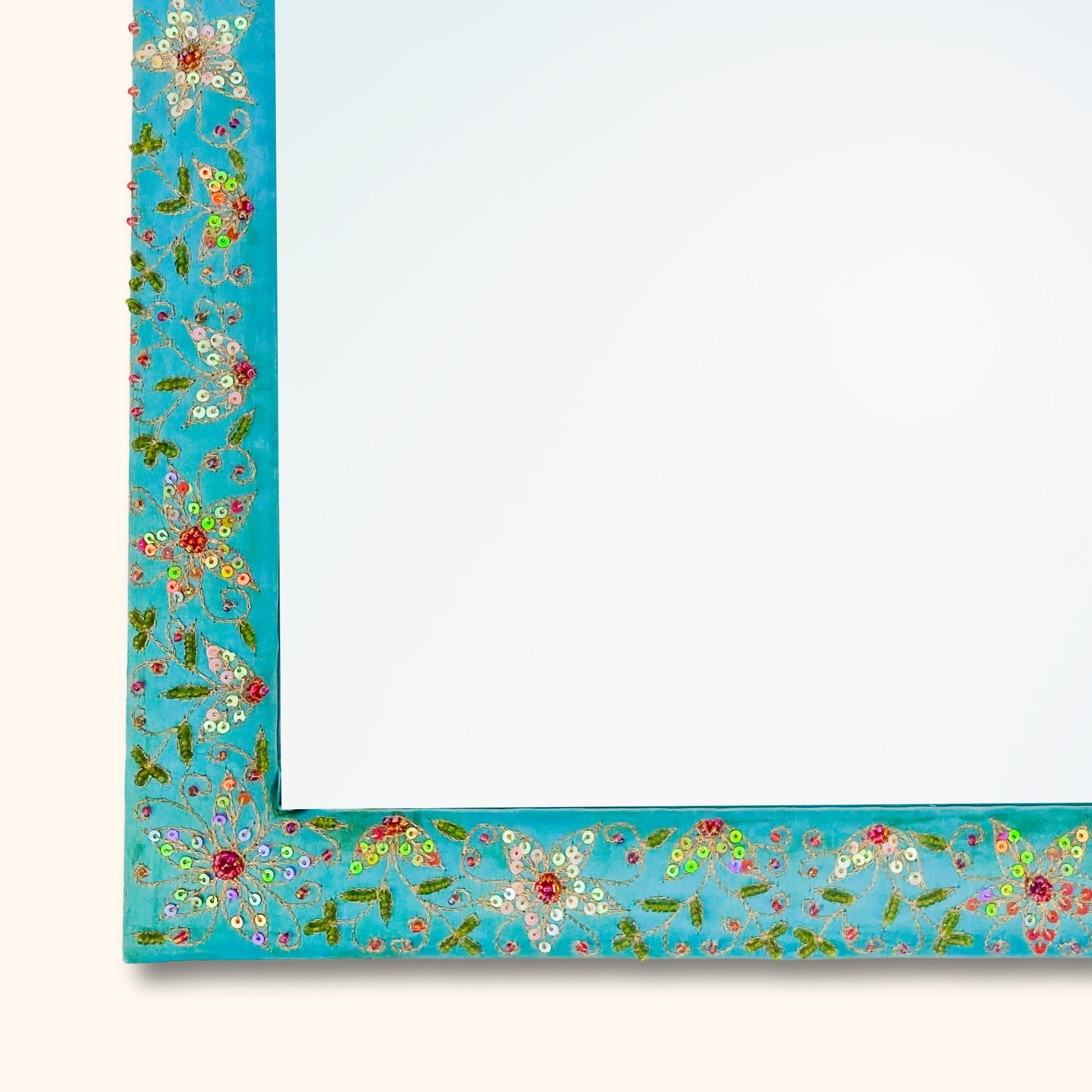 Teal Square Fabric Mirror with Beads - - Mirrors