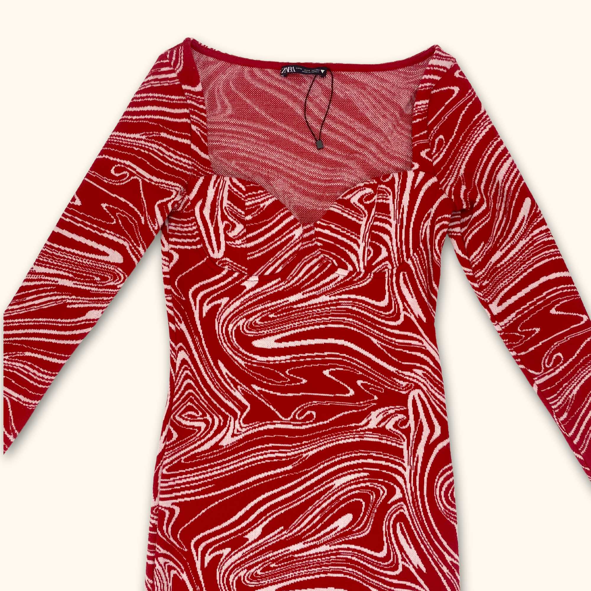 Zara Red Knitted Long Sleeve Mini Dress - Size Medium - - Dresses