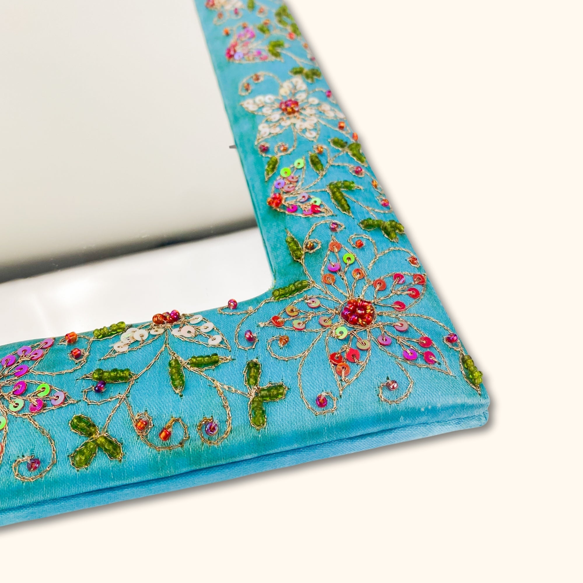 Teal Square Fabric Mirror with Beads - - Mirrors