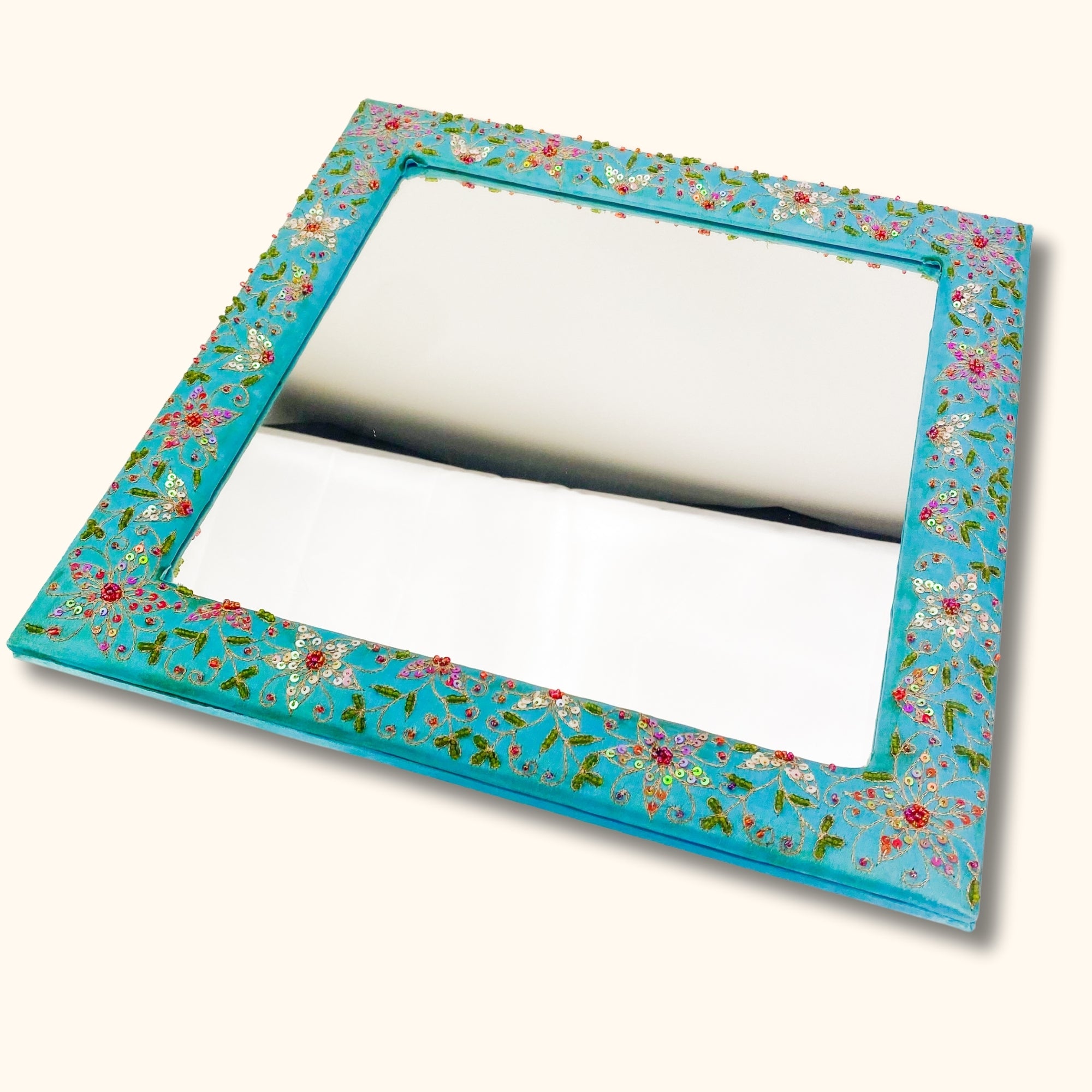 Teal Square Fabric Mirror with Beads - - Mirrors