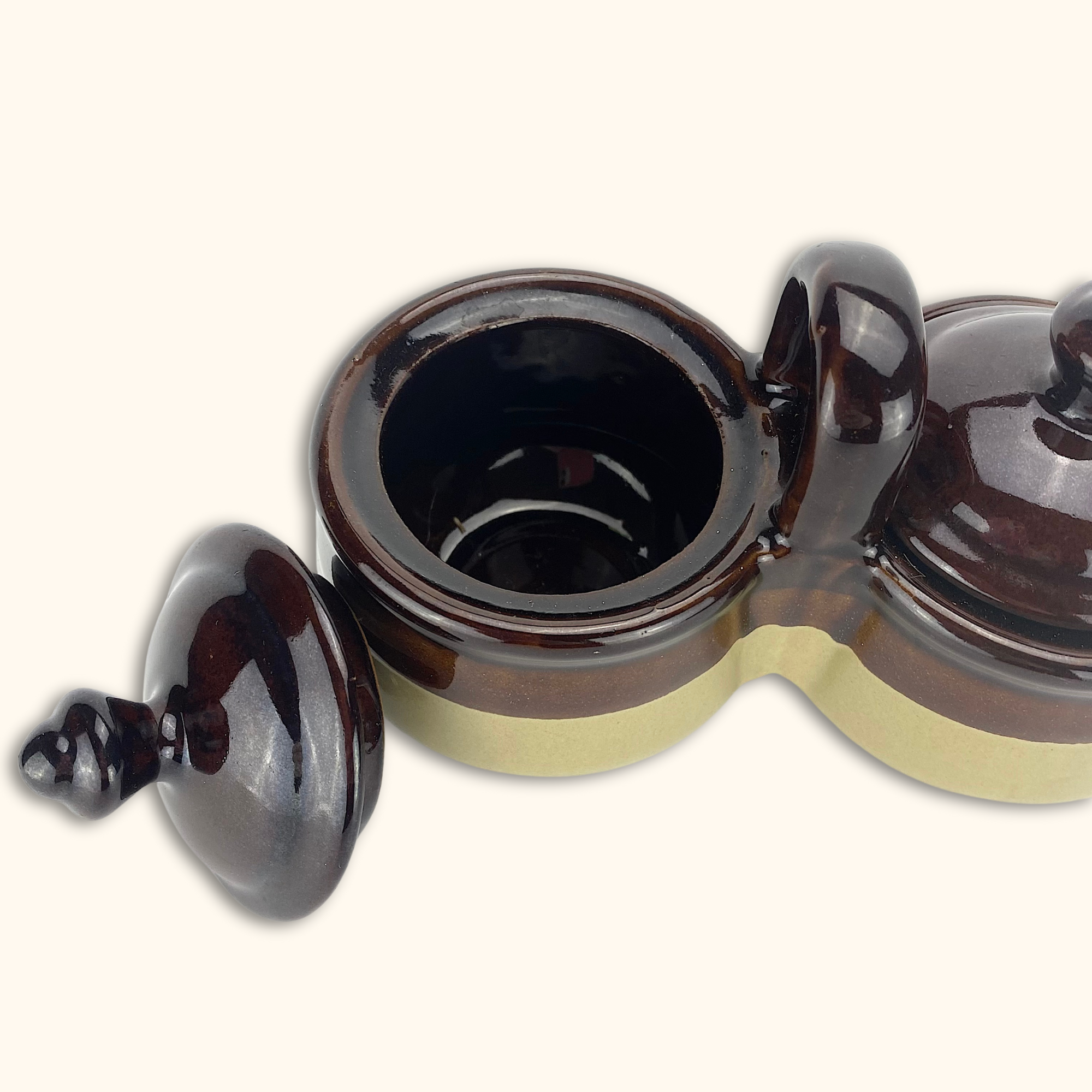 Vintage Stoneware Two-Tone Condiment Caddy with Lids -  - Kitchenware
