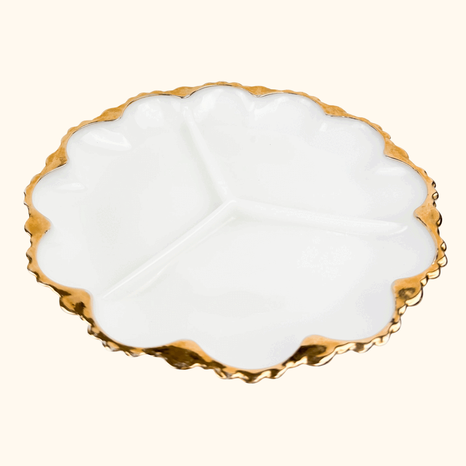 Vintage 1960s Anchor Hocking Milk Scallop Divided Glass Plate - - Kitchenware