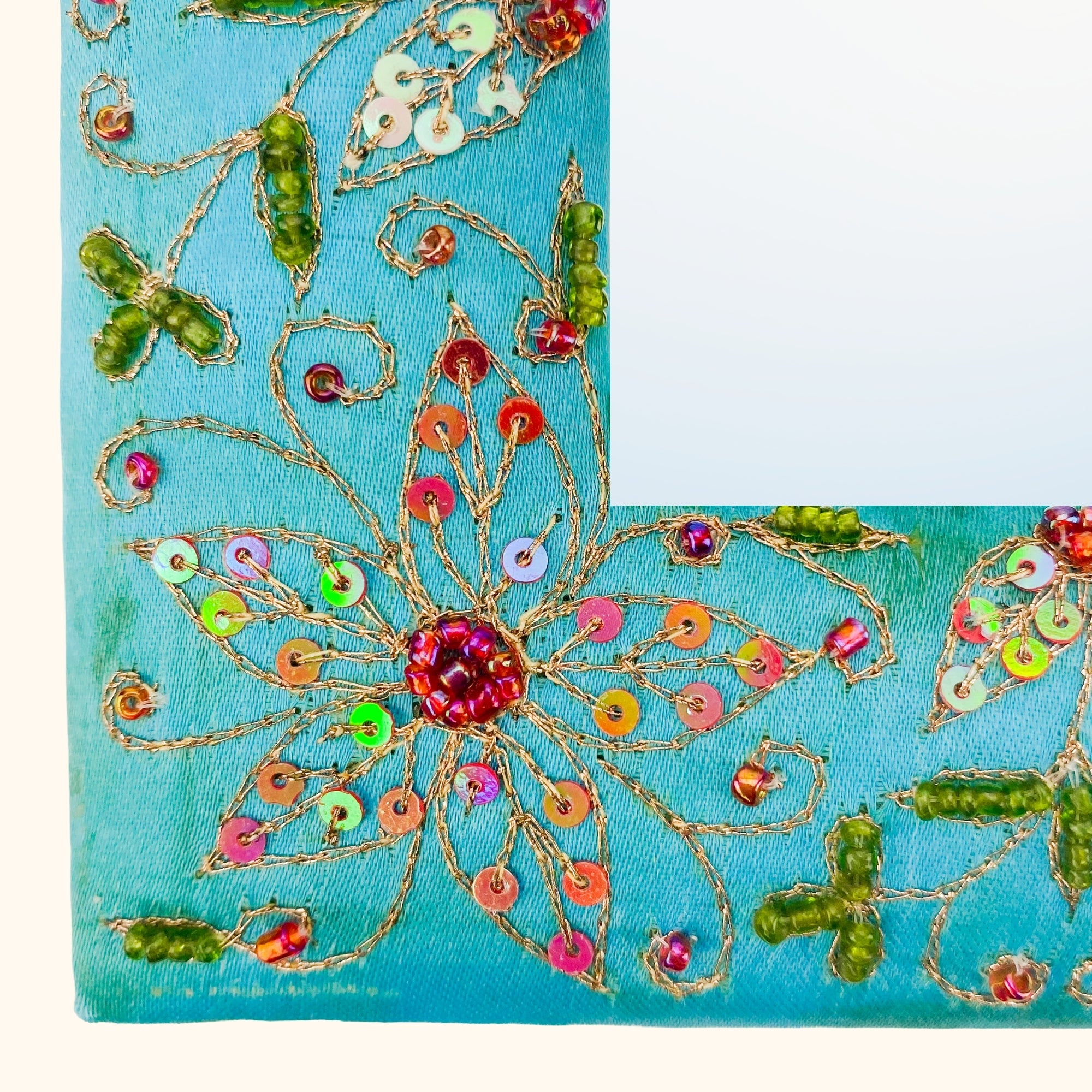 Teal Square Fabric Mirror with Beads - - Mirrors