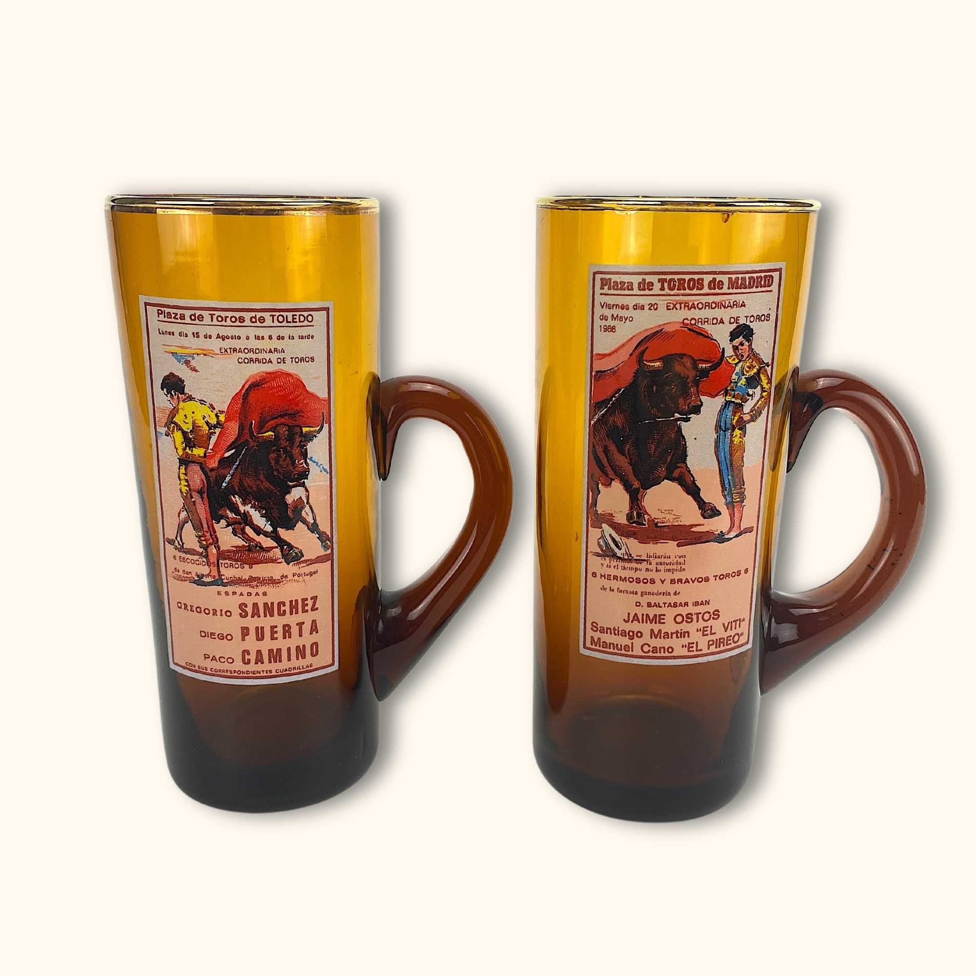 Vintage Spanish Amber Glass Bullfighting Mule Glasses - Set of 2 - - Kitchenware