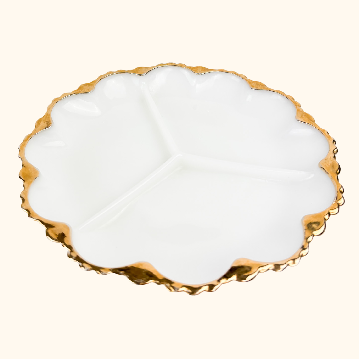 Vintage 1960s Anchor Hocking Milk Scallop Divided Glass Plate Anchor Hocking