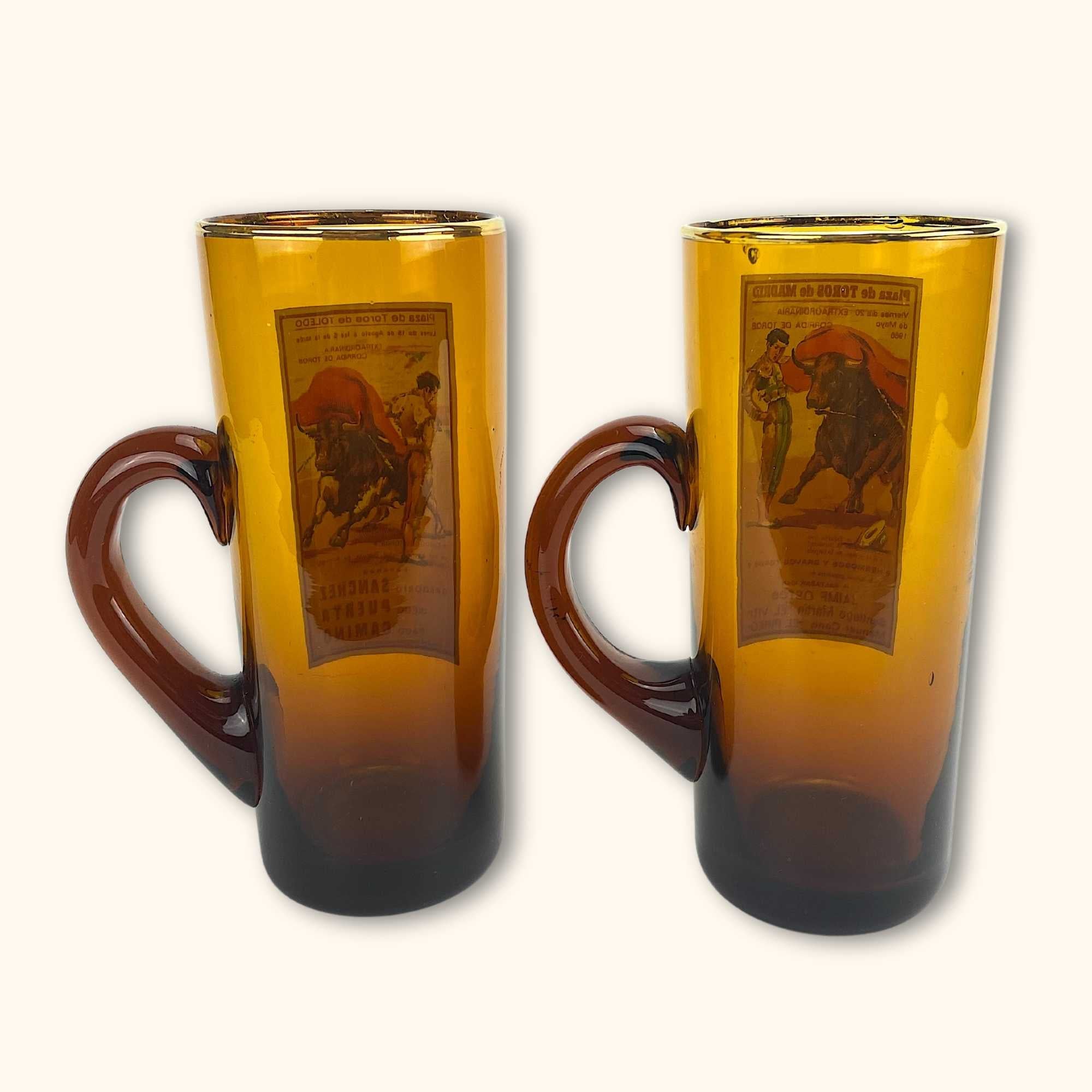 Vintage Spanish Amber Glass Bullfighting Mule Glasses - Set of 2 - - Kitchenware