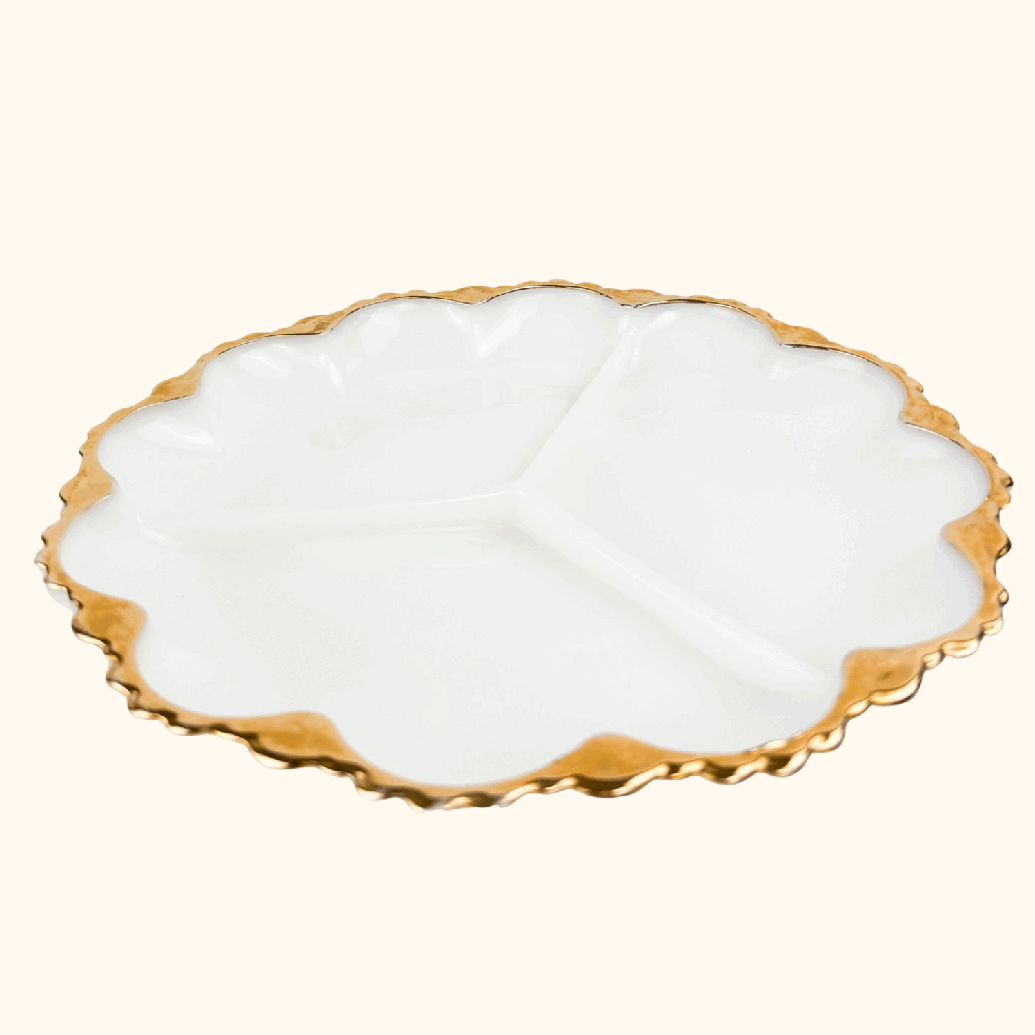 Vintage 1960s Anchor Hocking Milk Scallop Divided Glass Plate - - Kitchenware