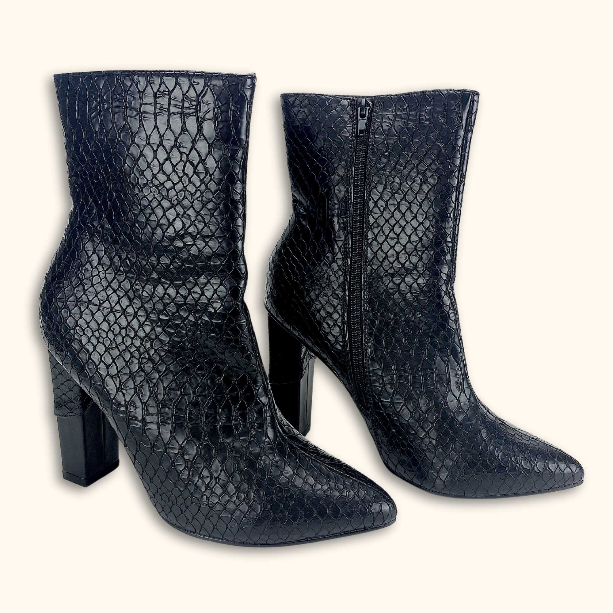 Lost Ink Croc Black Heeled Ankle Boots - Size 6 -  - Boots