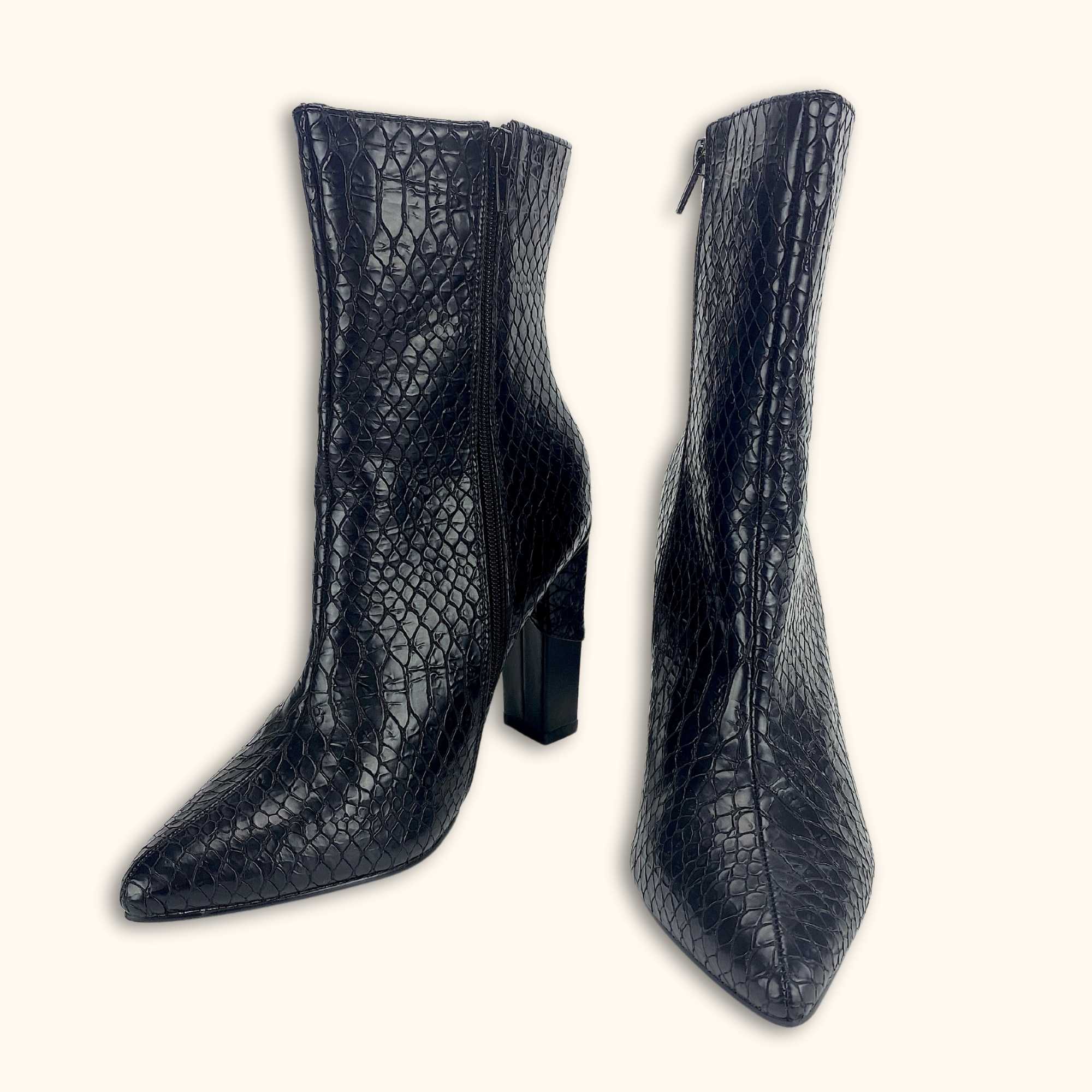 Lost Ink Croc Black Heeled Ankle Boots - Size 6 -  - Boots