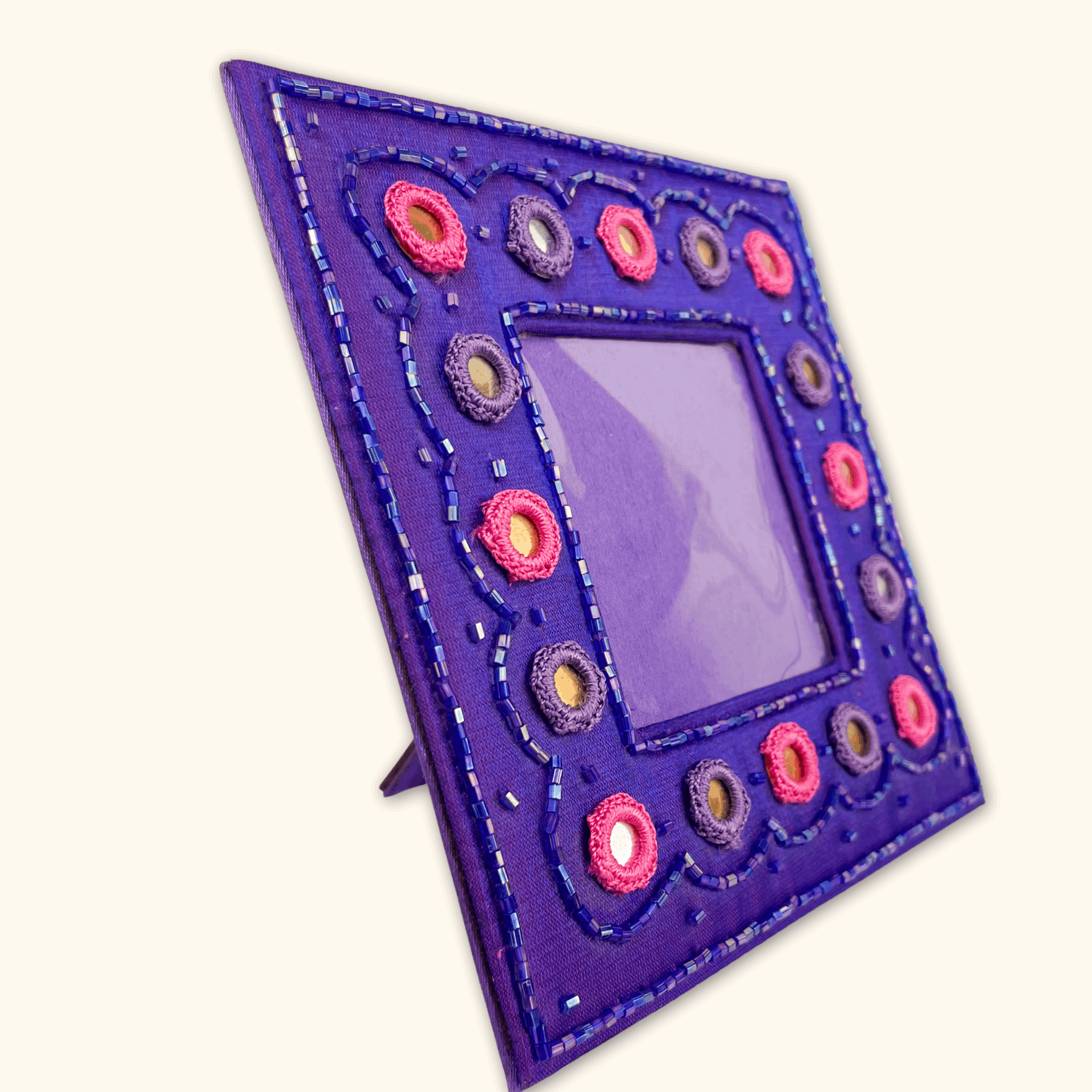 Purple Beaded Satin Square Picture Frame -  - Picture Frames