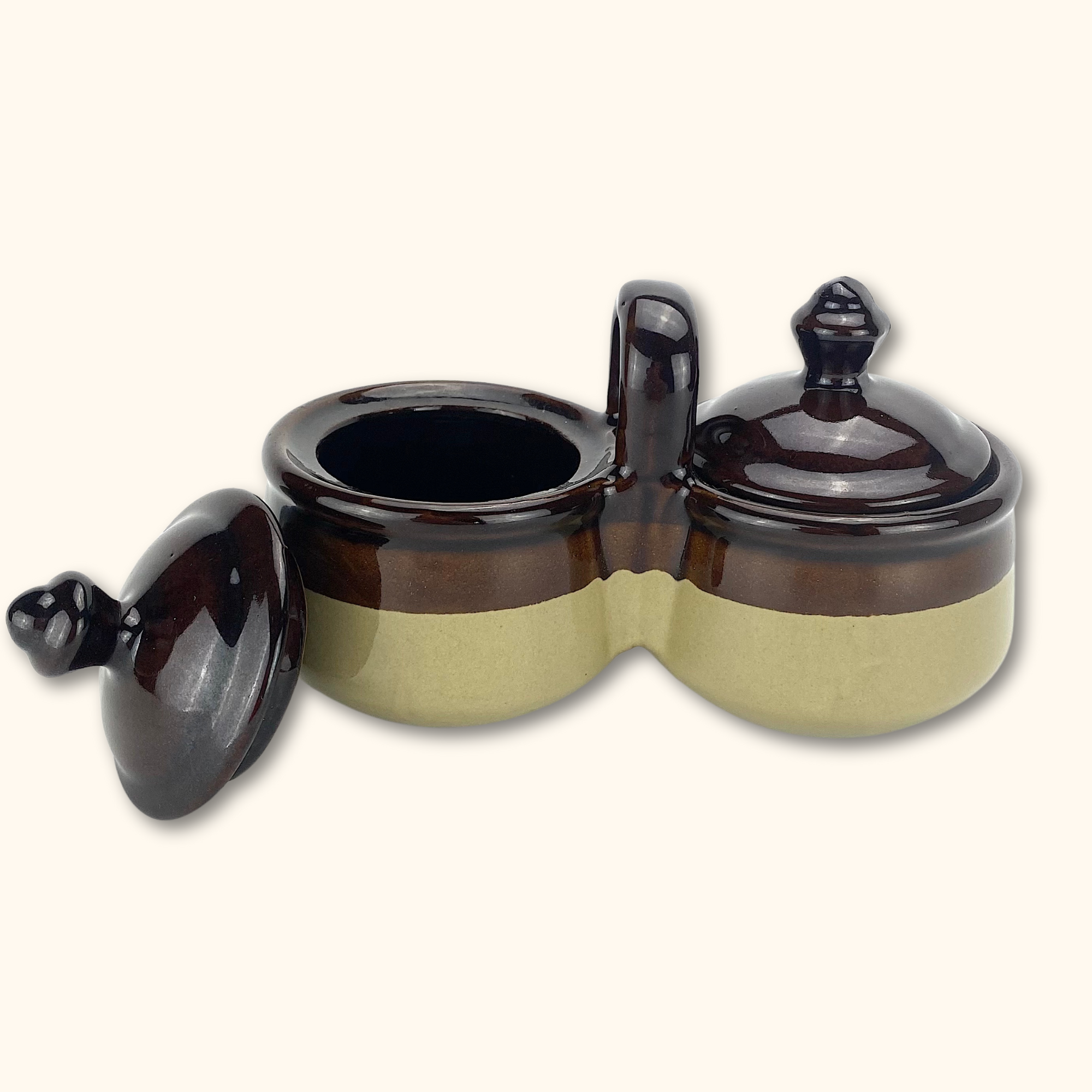 Vintage Stoneware Two-Tone Condiment Caddy with Lids -  - Kitchenware