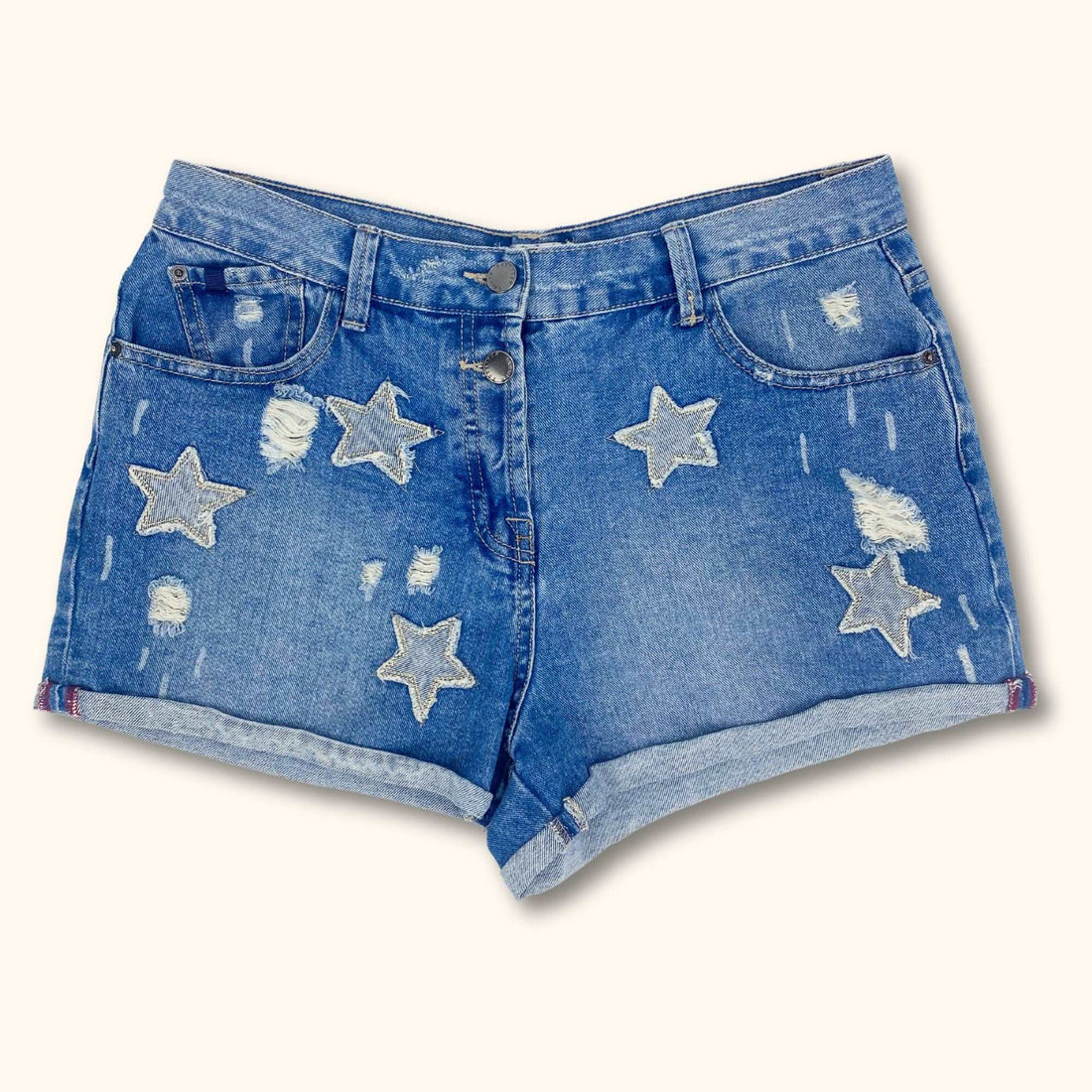 Blue High Waist Denim Shorts with Stars - Size 12 -  - Shorts