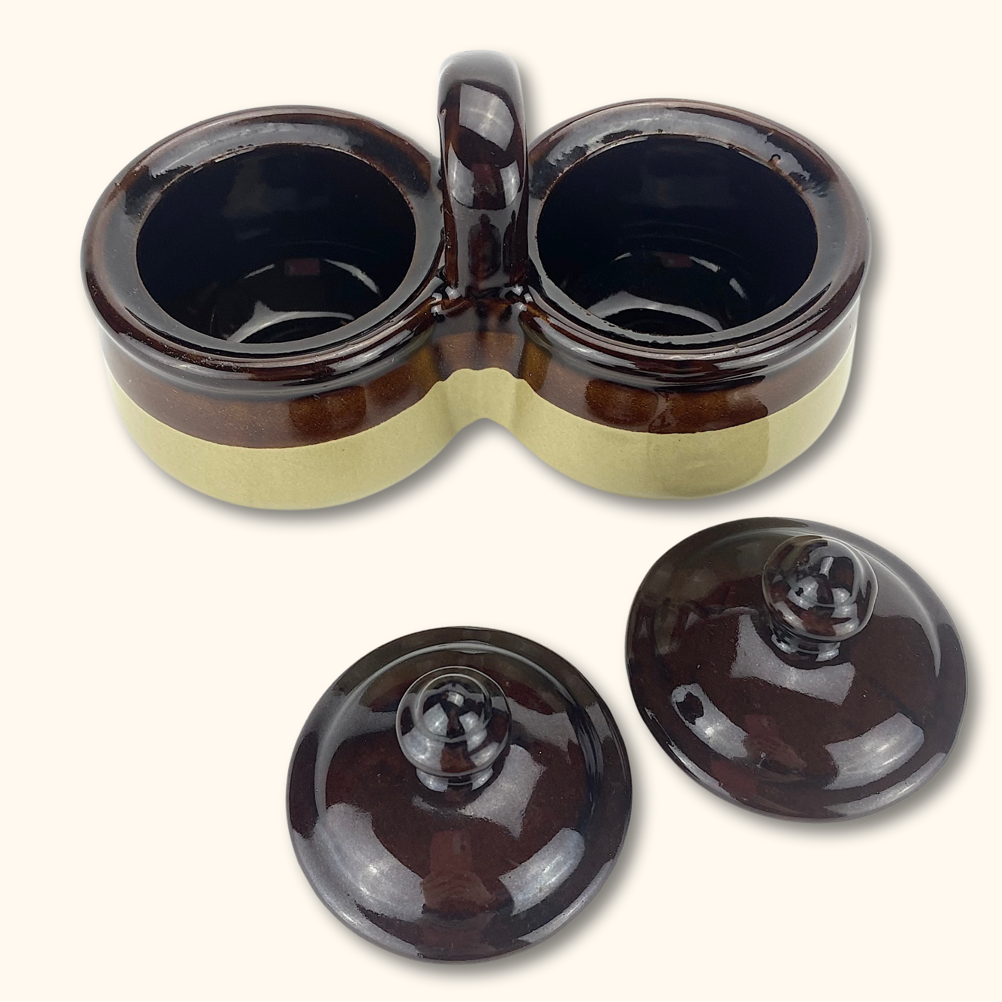 Vintage Stoneware Two-Tone Condiment Caddy with Lids -  - Kitchenware