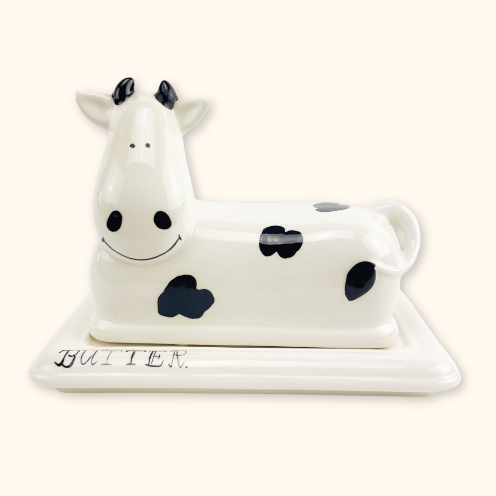 Hand Painted Ceramic Cow Butter Dish with Lid - - Kitchenware
