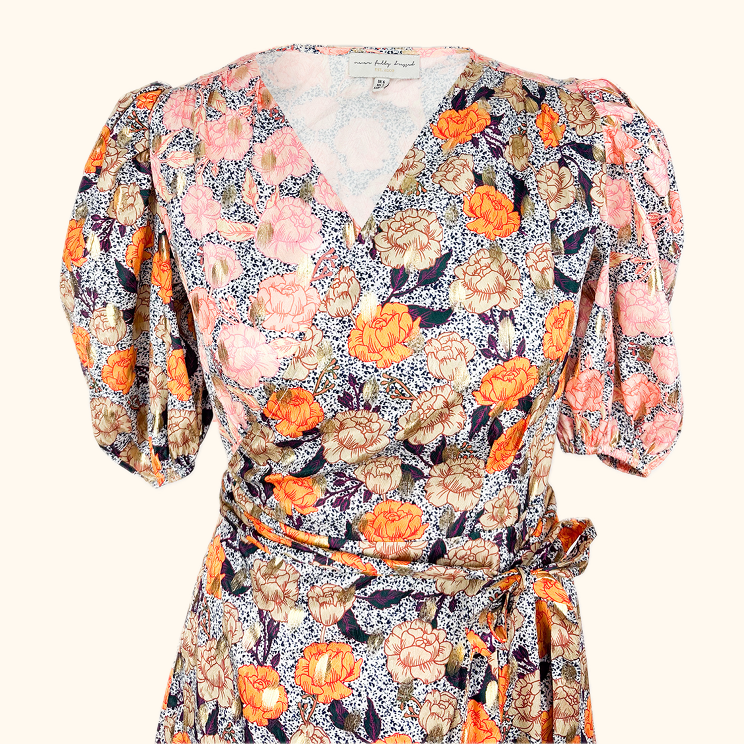 Never Fully Dressed Gold Zsa Zsa Splice Wrap Front Midi Dress - Size 6 Never fully dressed