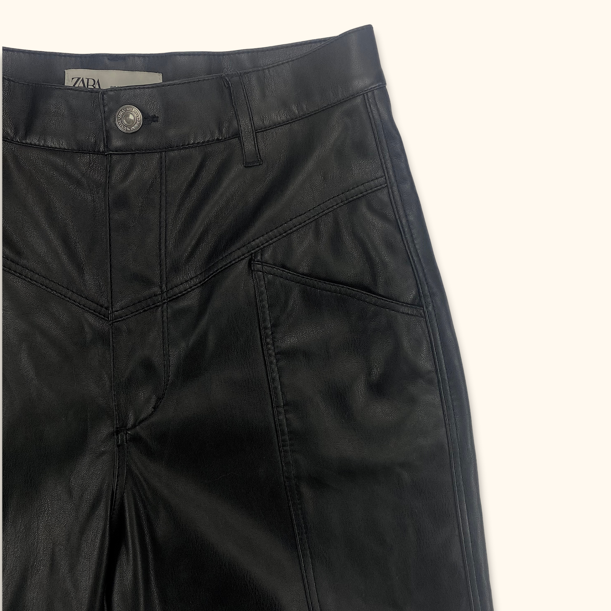 Zara High Rise Faux Leather Cropped Trousers Black - Size Small - - Trousers