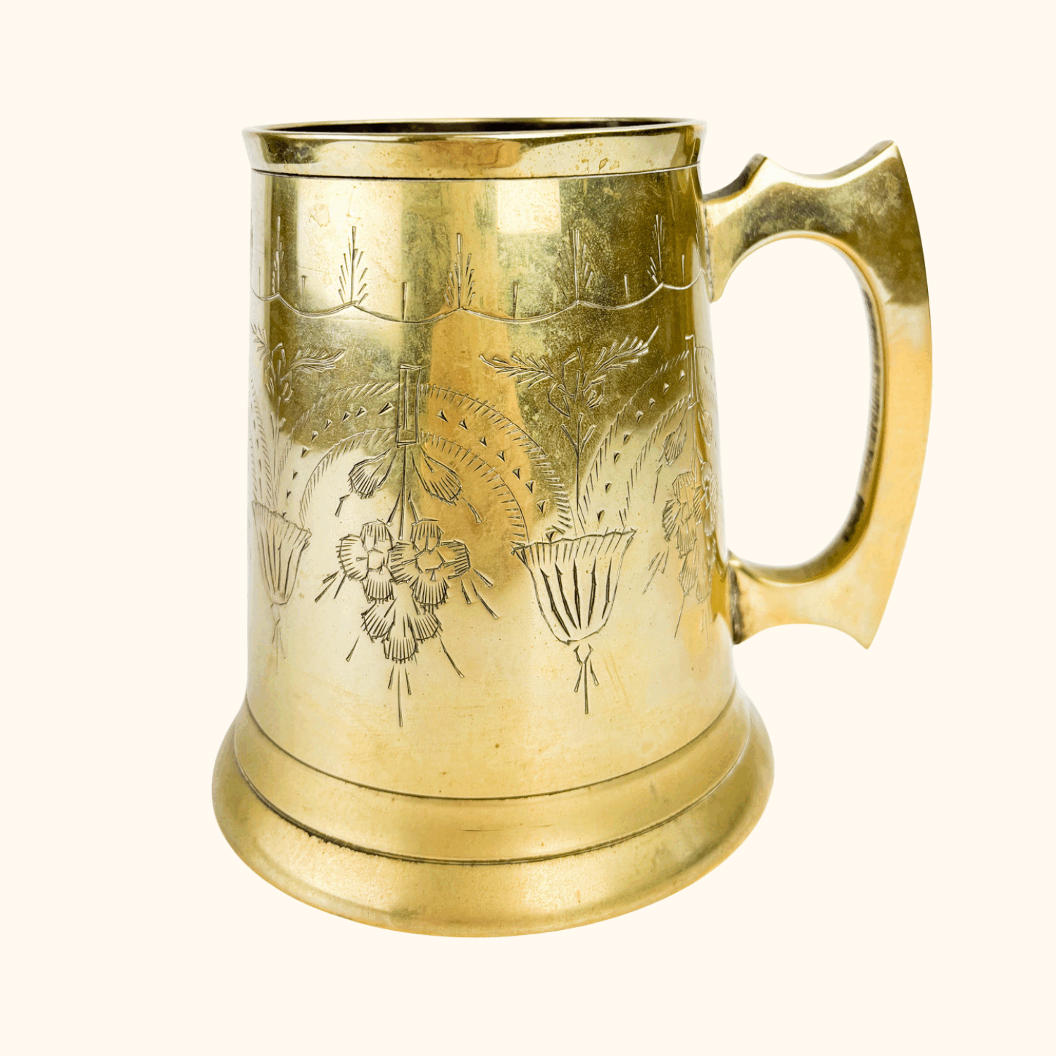 Vintage Brass Etched Tankard Mug - - Decoration
