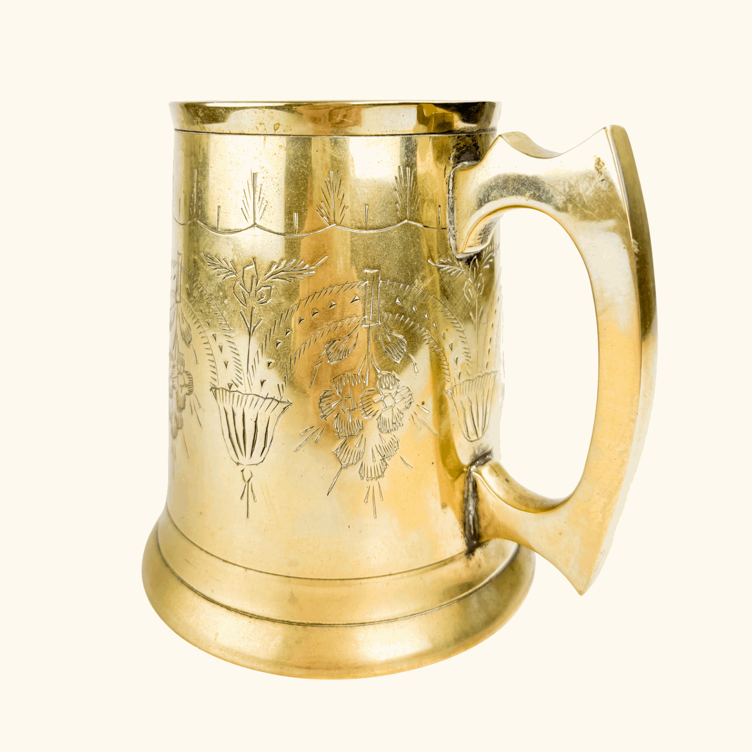 Vintage Brass Etched Tankard Mug Sunshine Thrift