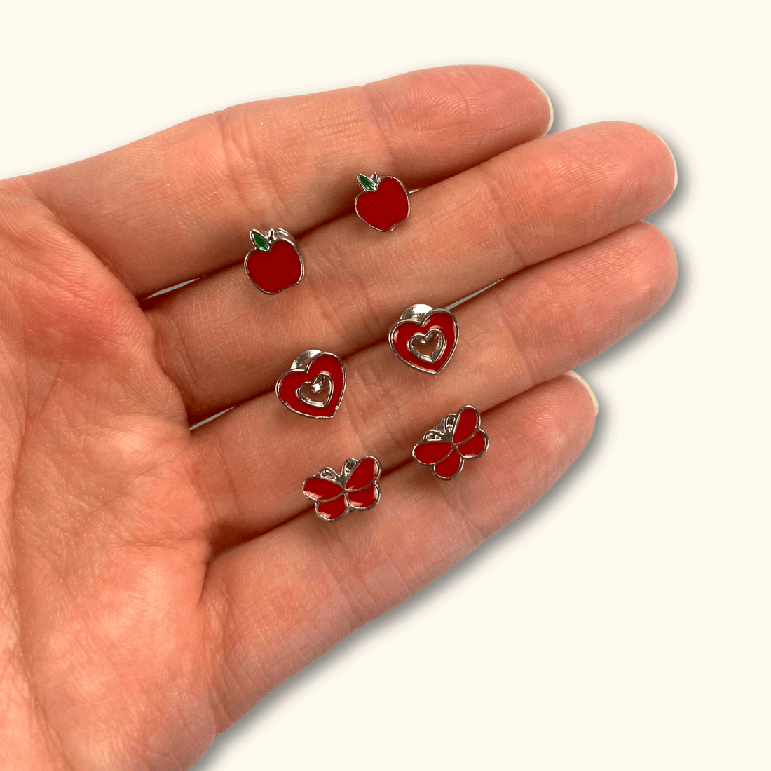 Red Apple Heart Butterfly Metal Silver Stud Earrings - Pack of Three -  - Jewellery