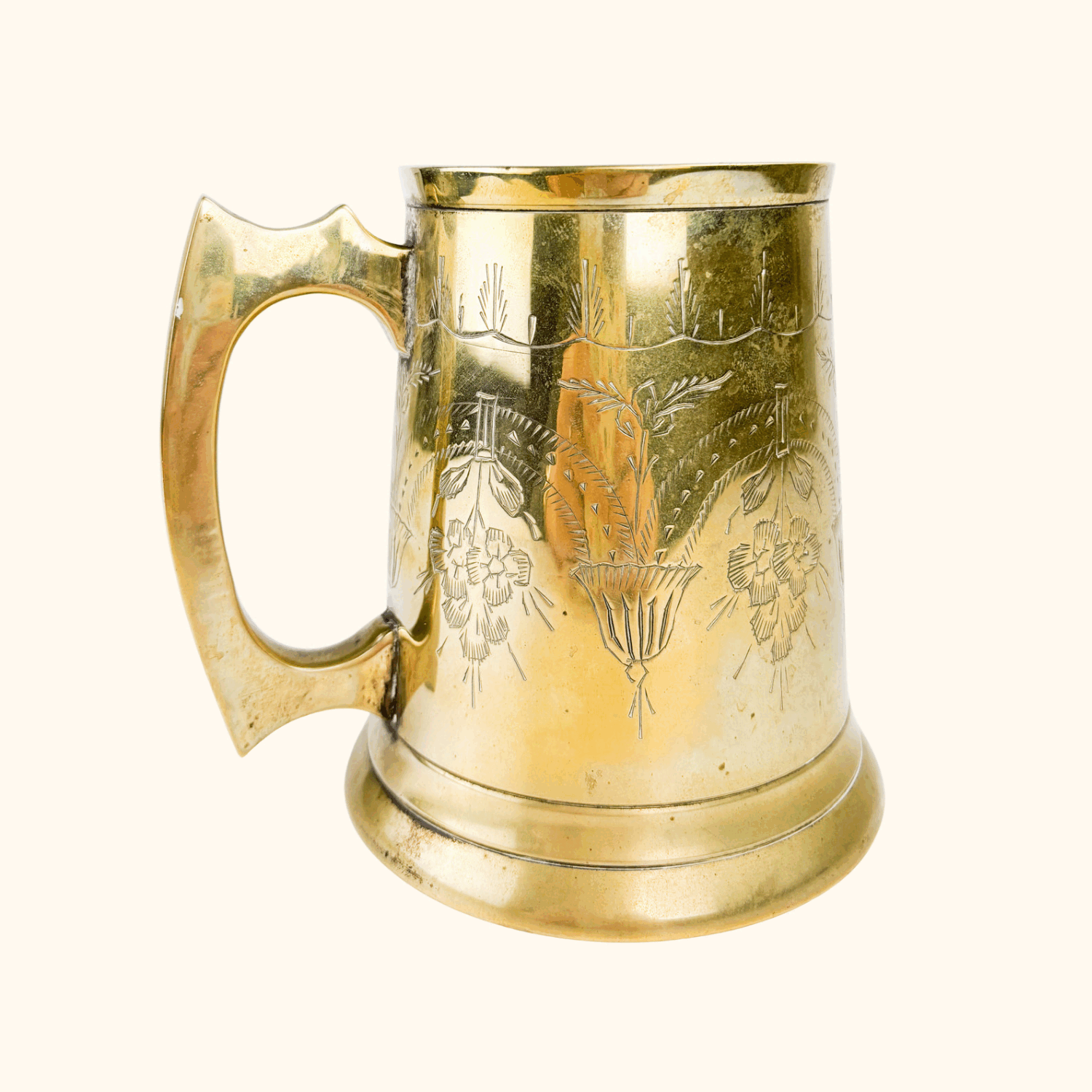 Vintage Brass Etched Tankard Mug - - Decoration