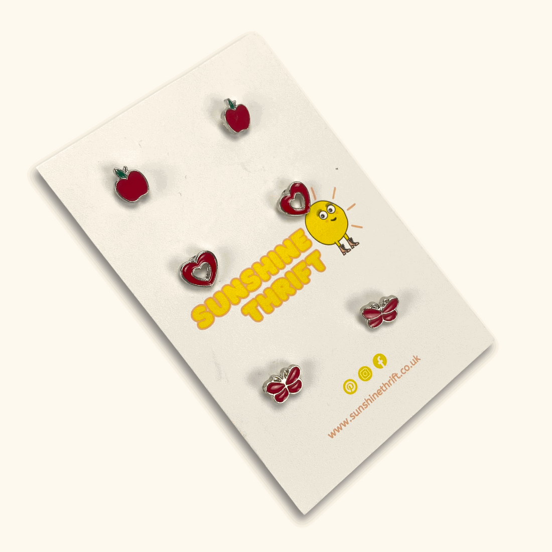 Red Apple Heart Butterfly Metal Silver Stud Earrings - Pack of Three -  - Jewellery
