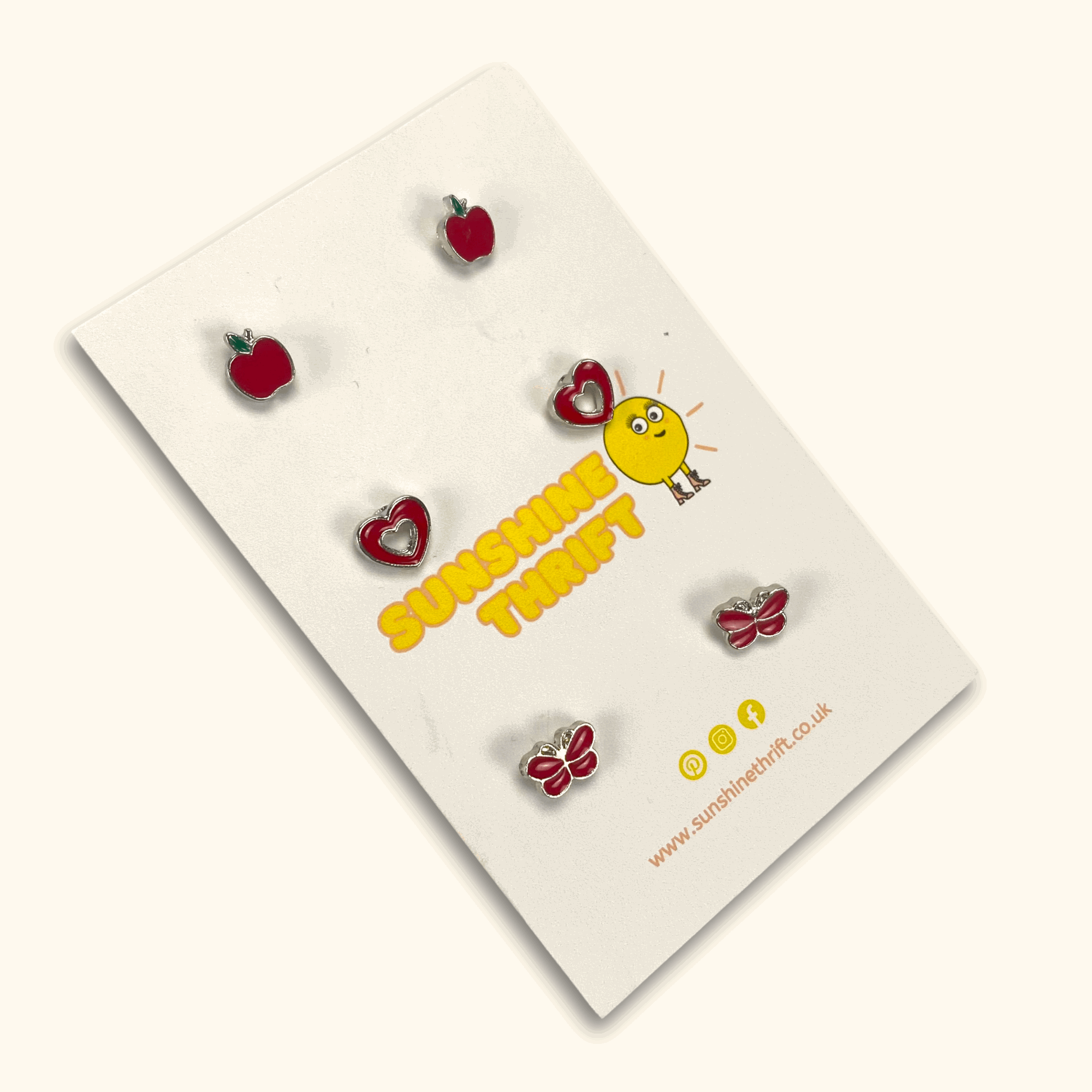 Red Apple Heart Butterfly Metal Silver Stud Earrings - Pack of Three -  - Jewellery
