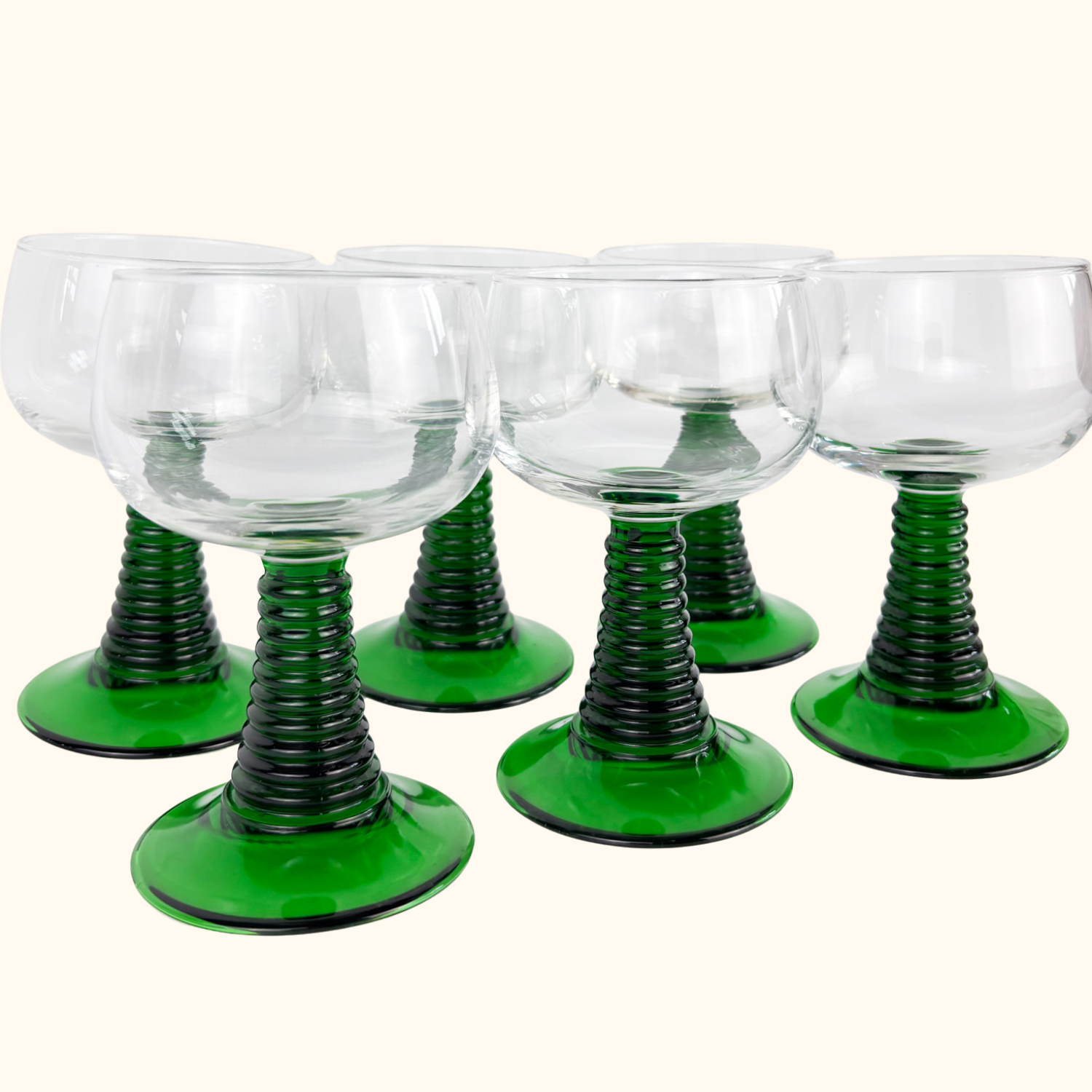 Vintage Luminarc French Green Ribbed Goblet Glasses - Set of 6 - - Glassware
