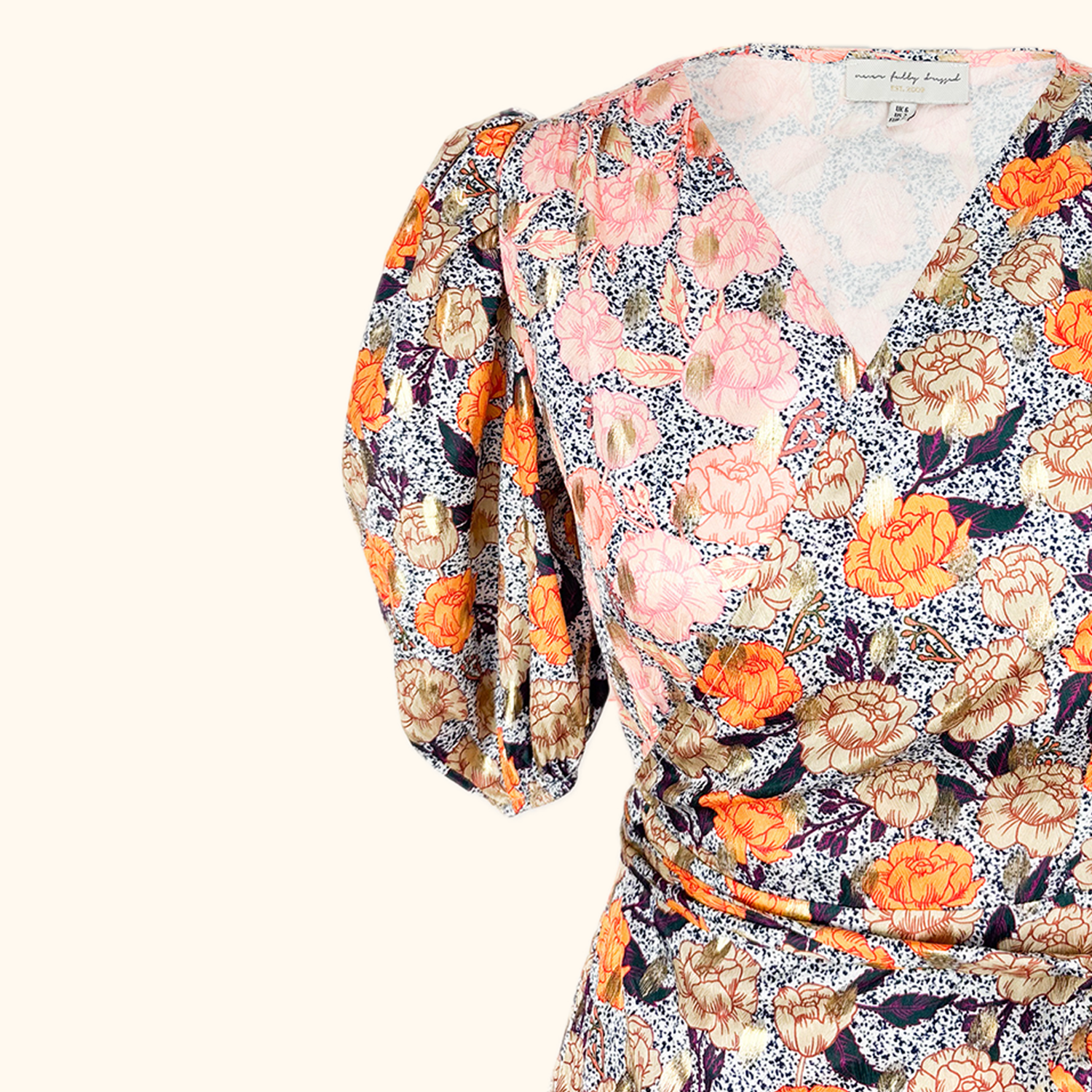 Never Fully Dressed Gold Zsa Zsa Splice Wrap Front Midi Dress - Size 6 Never fully dressed