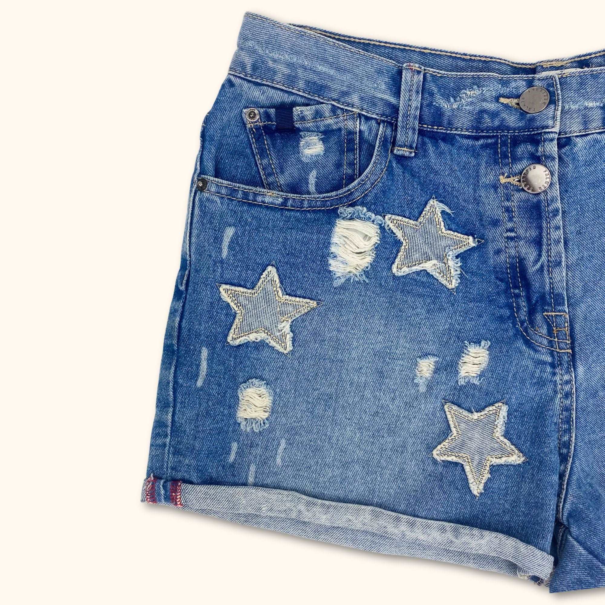 Blue High Waist Denim Shorts with Stars - Size 12 -  - Shorts