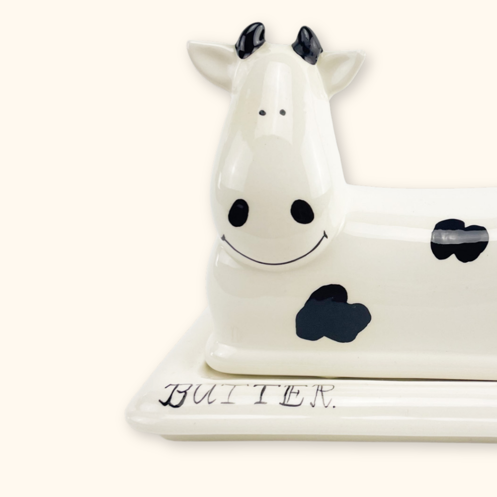 Hand Painted Ceramic Cow Butter Dish with Lid - - Kitchenware