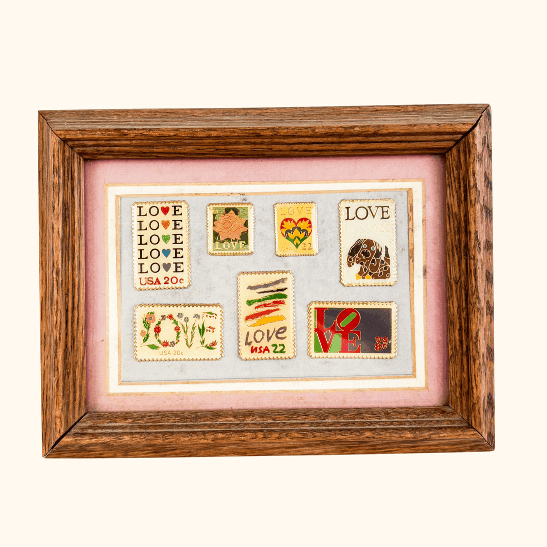 Vintage 1980s USA Love Enamel Postage Stamps Framed Sunshine Thrift