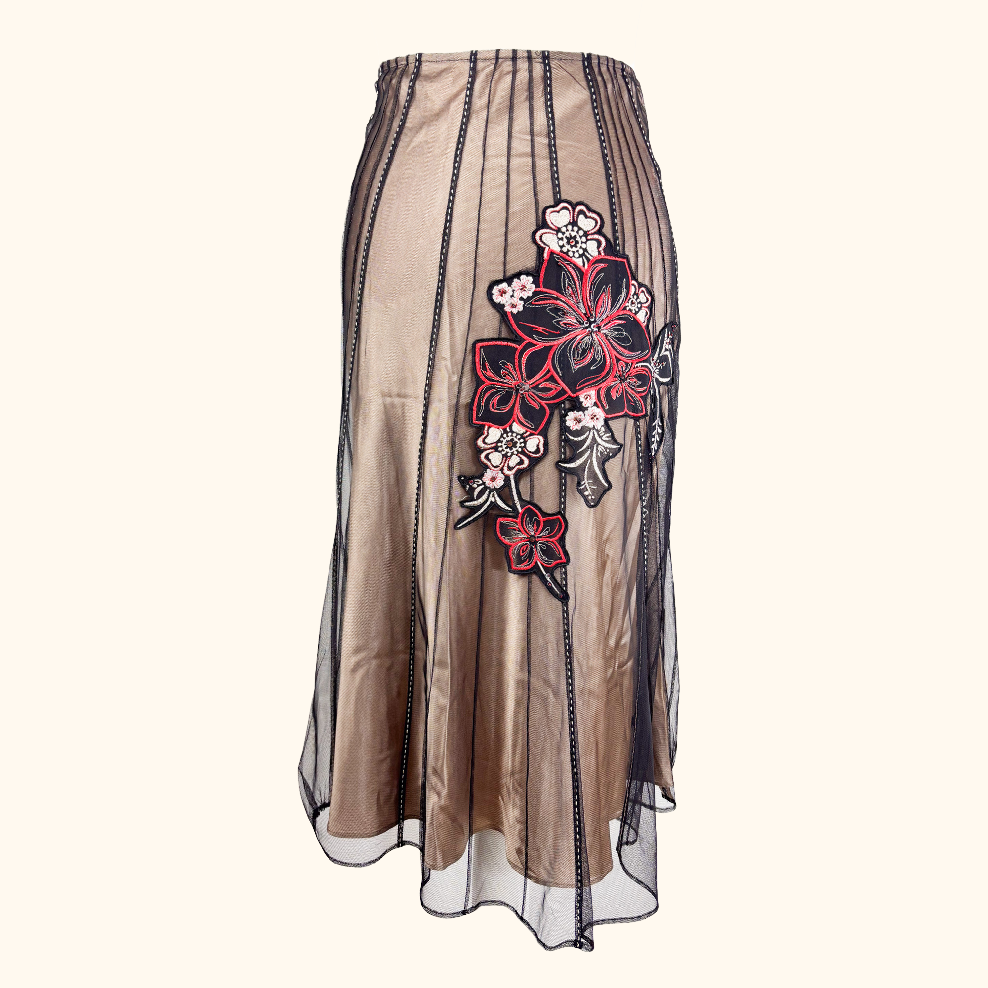Coast Floral Embroidered Black Mesh Midi Skirt - Size 12 Coast