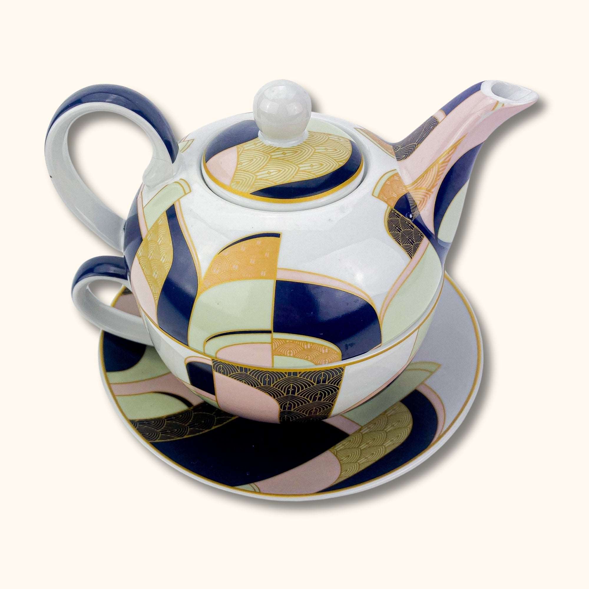 Gold and Pink Art Deco Tea for One Teapot Cup and Saucer - - Dishware