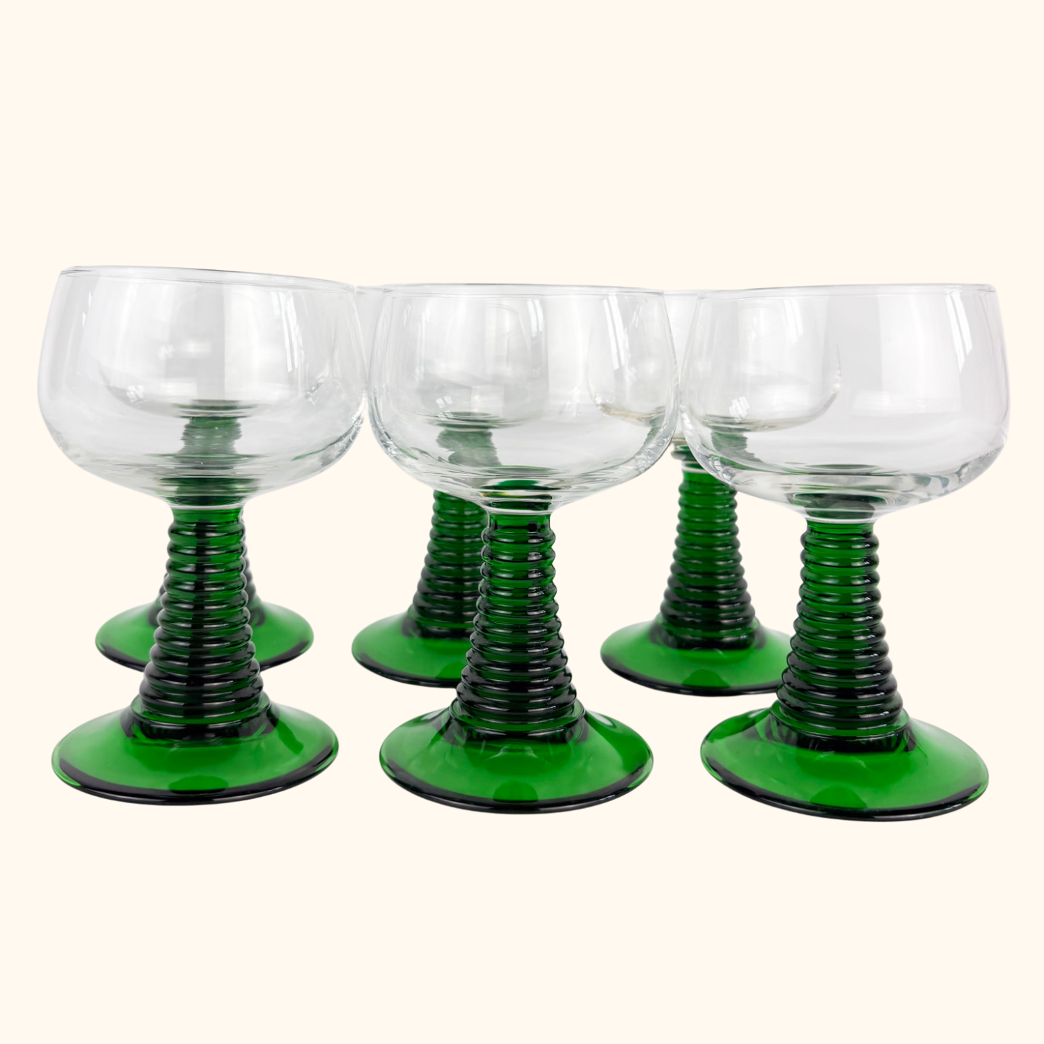 Vintage Luminarc French Green Ribbed Goblet Glasses - Set of 6 - - Glassware