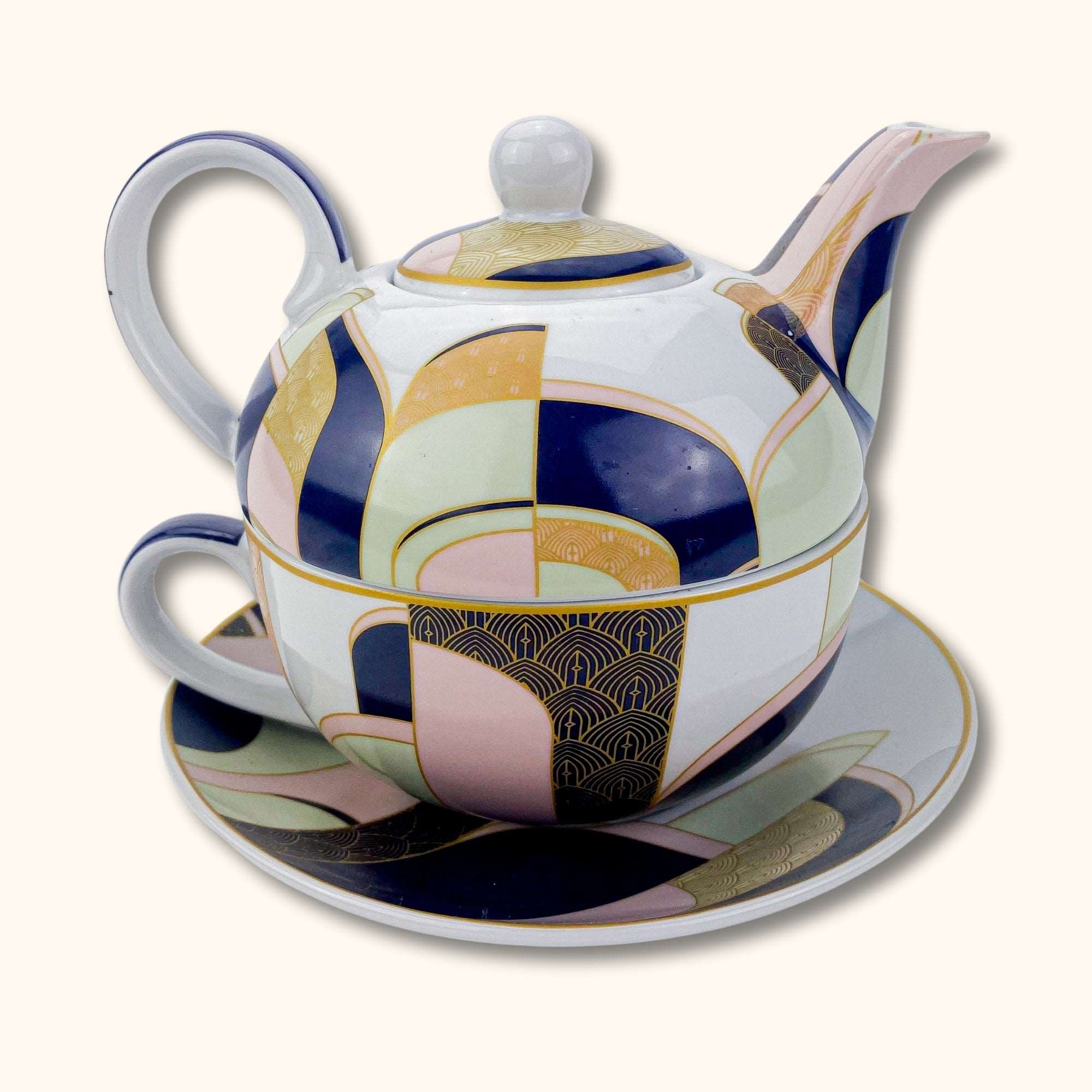 Gold and Pink Art Deco Tea for One Teapot Cup and Saucer - - Dishware