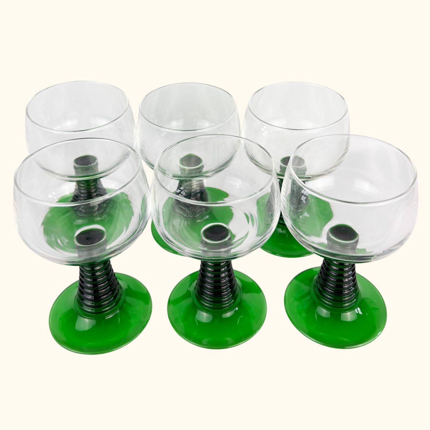Vintage Luminarc French Green Ribbed Goblet Glasses - Set of 6 - - Glassware