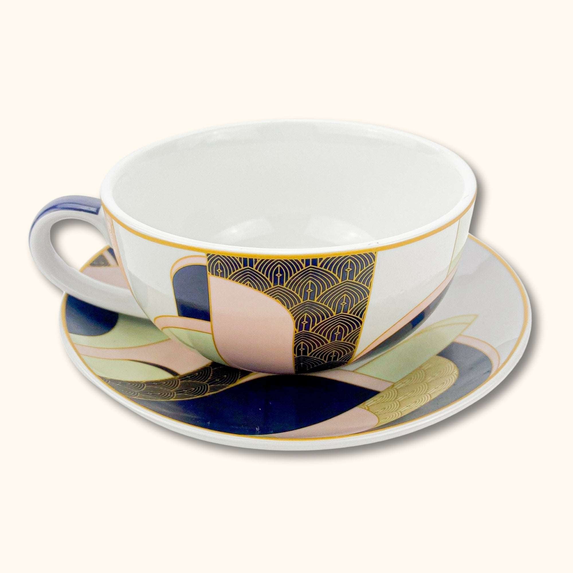 Gold and Pink Art Deco Tea for One Teapot Cup and Saucer - - Dishware