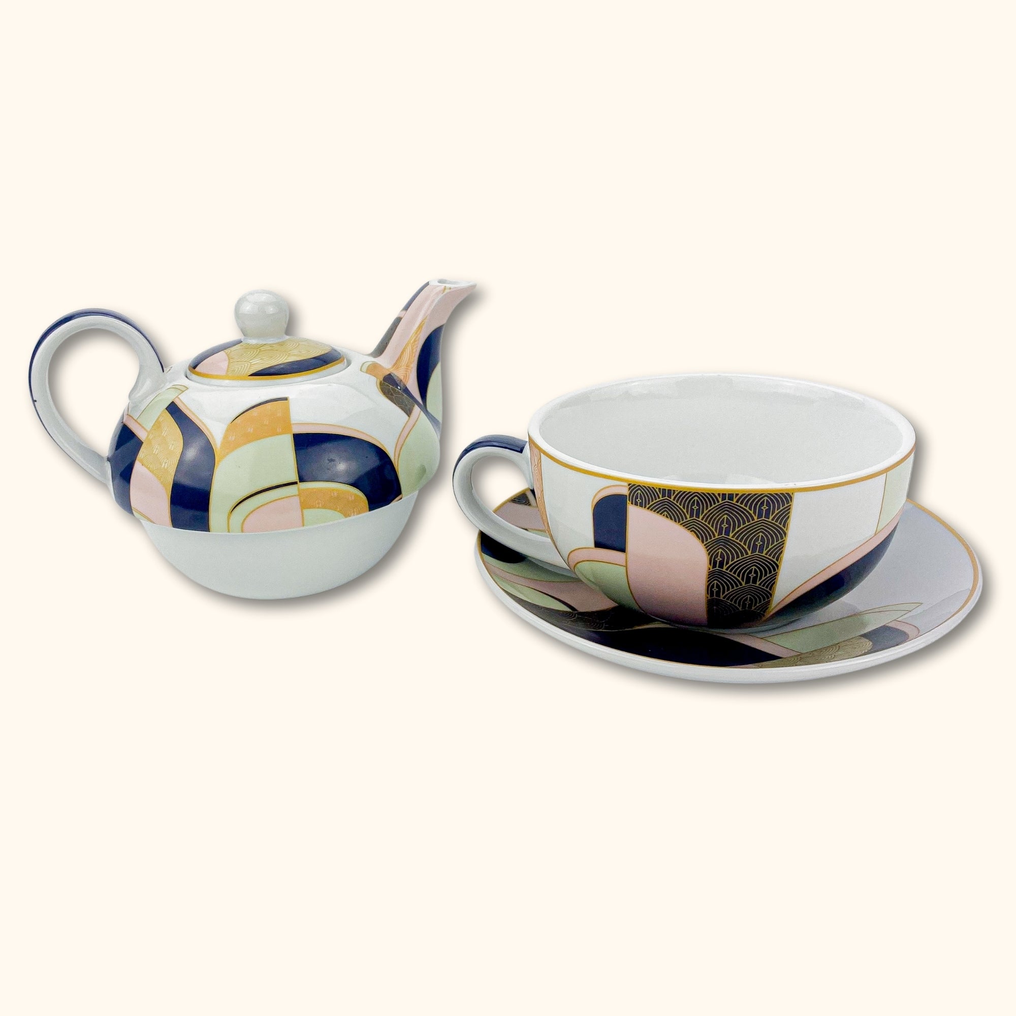 Gold and Pink Art Deco Tea for One Teapot Cup and Saucer - - Dishware