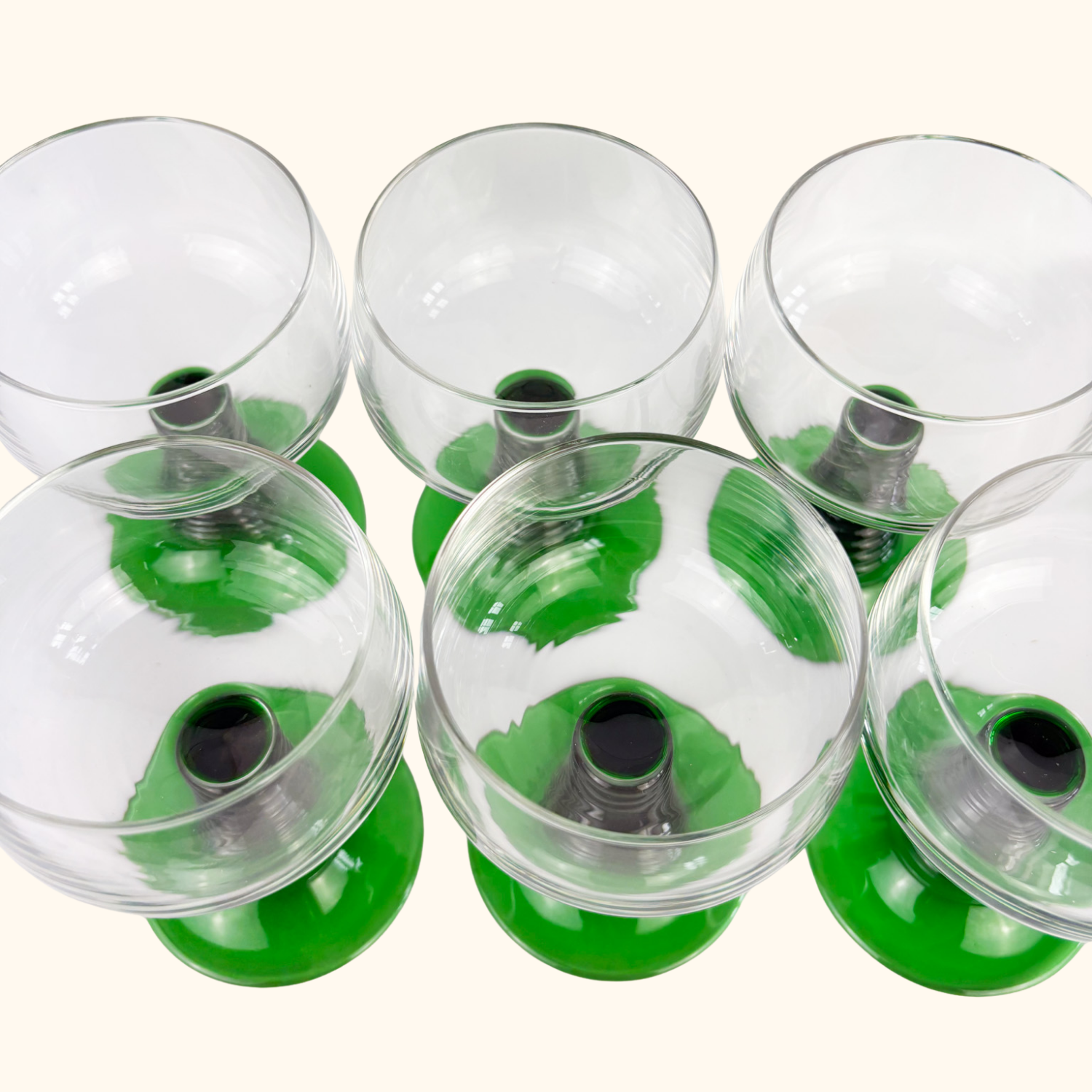 Vintage Luminarc French Green Ribbed Goblet Glasses - Set of 6 - - Glassware